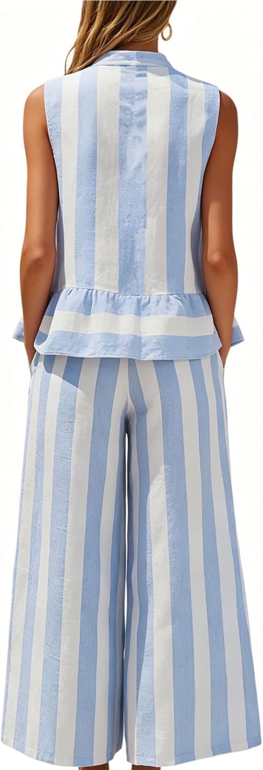 Mingzhu Women's Summer Striped 2 Piece Outfits Sleeveless Ruffle Top and Wide Leg Pants Lounge Zipper Vacation Sets