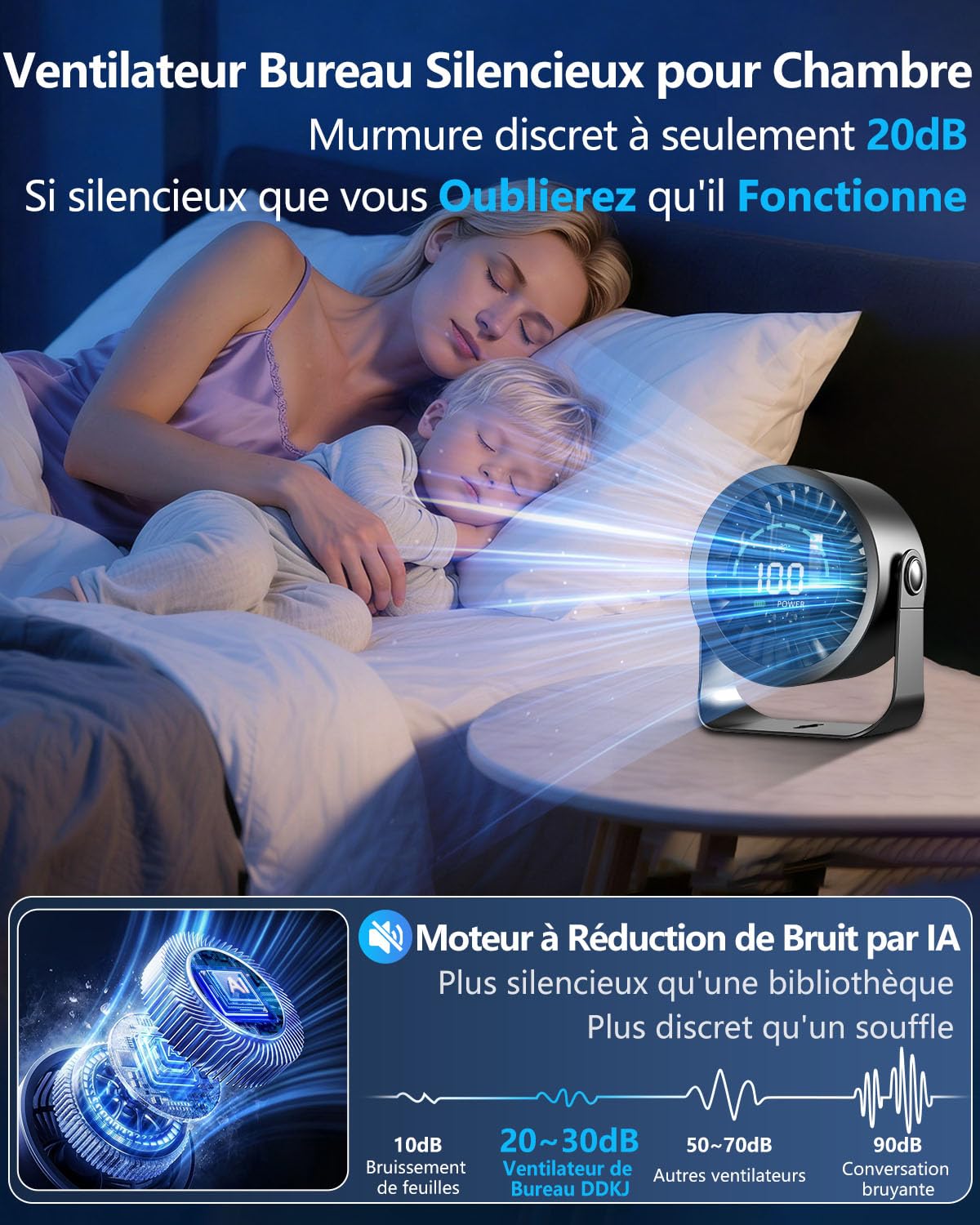 DDKJ Ventilateur Bureau Silencieux 20dB,100 Vitesses Réglables,360° Rotation du Flux d'Air, Affichage LED,Batterie 4000mAh Autonomie 3.5-13 Heures avec Fonctionne Branché pour Chambre Dortoir Cuisine