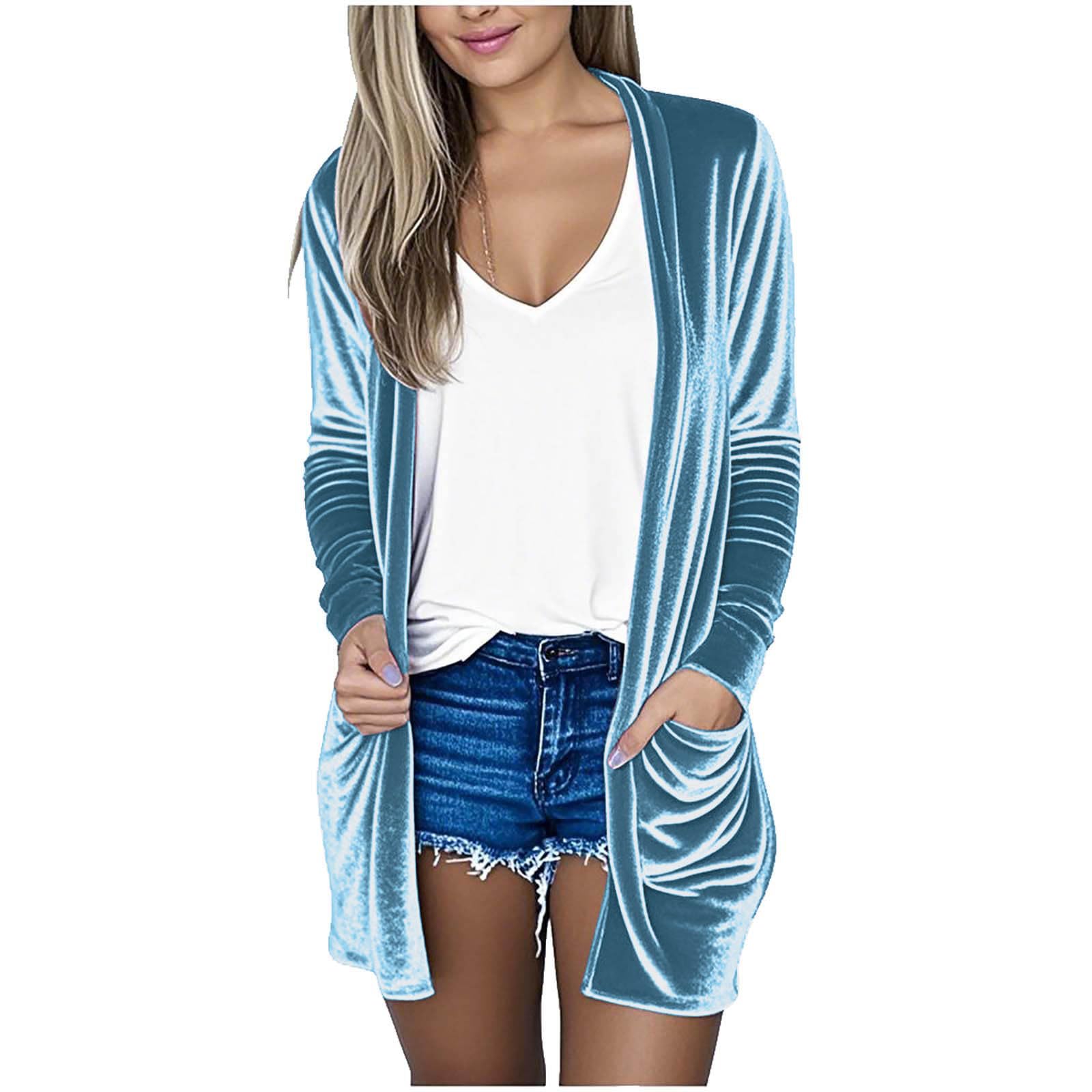 Velvet Cardigan for Women Dressy Long Sleeve Open Front Cardigans Fall Vintage Duster Outwear Solid Coat with Pockets