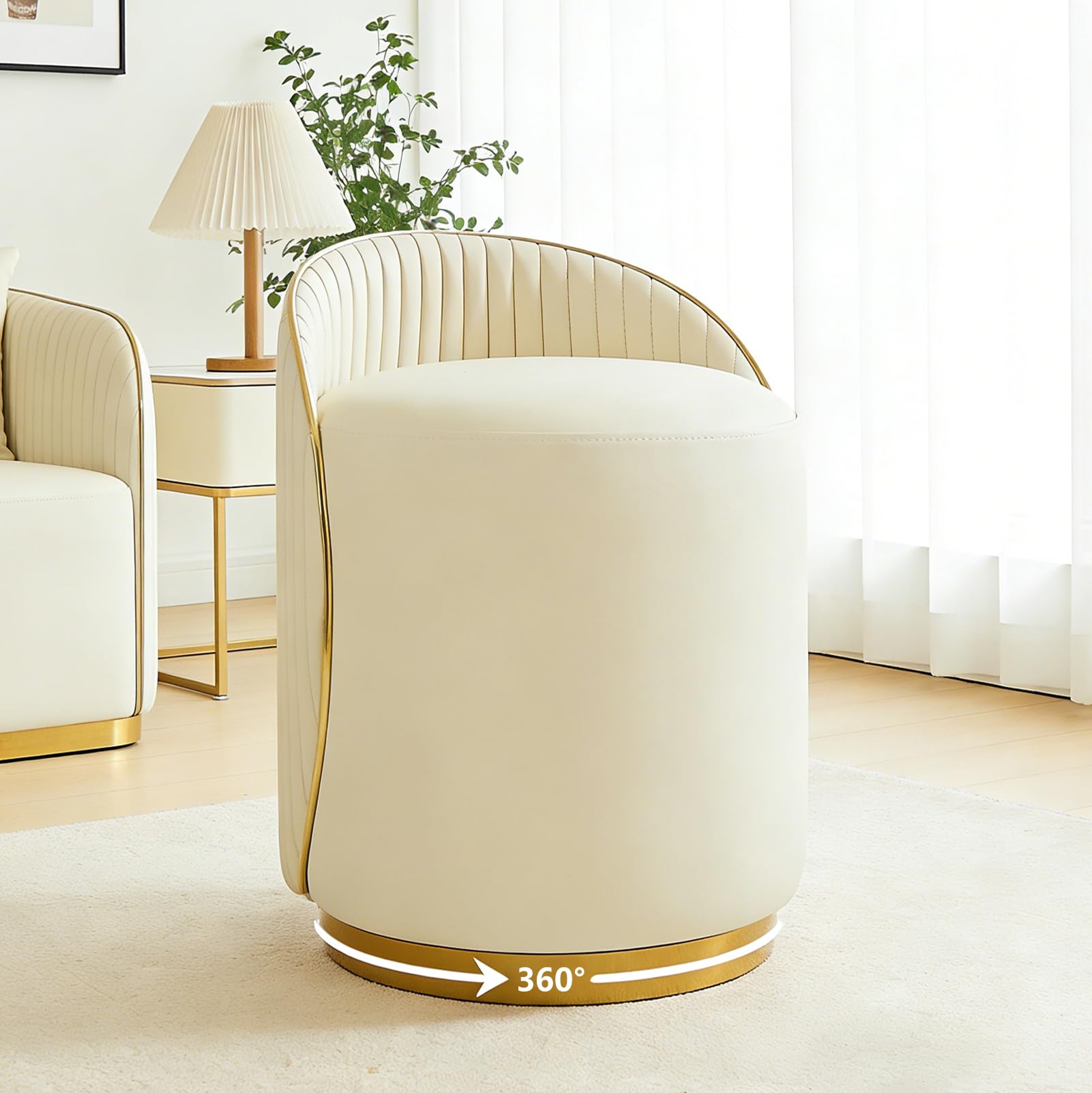 Sgabello per Toeletta Trucco, Sedia Trucco con Rivestimento in Pelle e Telaio in Legno, Girevole a 360°, Sgabello Imbottito per Soggiorno, Camera da Letto (beige)