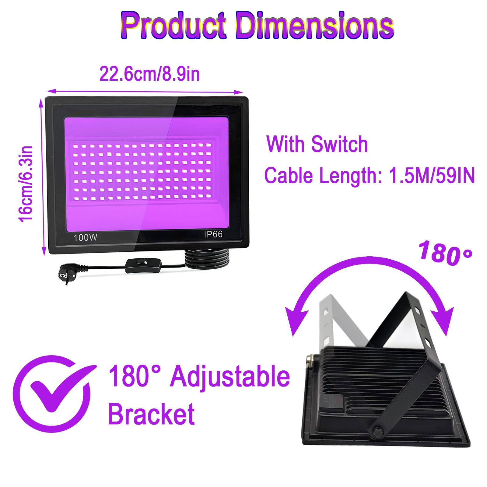 2 Pièces 100W Lumiere Noire LED, Projecteur Lumière Noire UV, Projecteur Lumière noire, IP66 Etanche, Avec Interrupteur pour Fêtes, Effets Fluorescents, Décorations d'Halloween et Scène