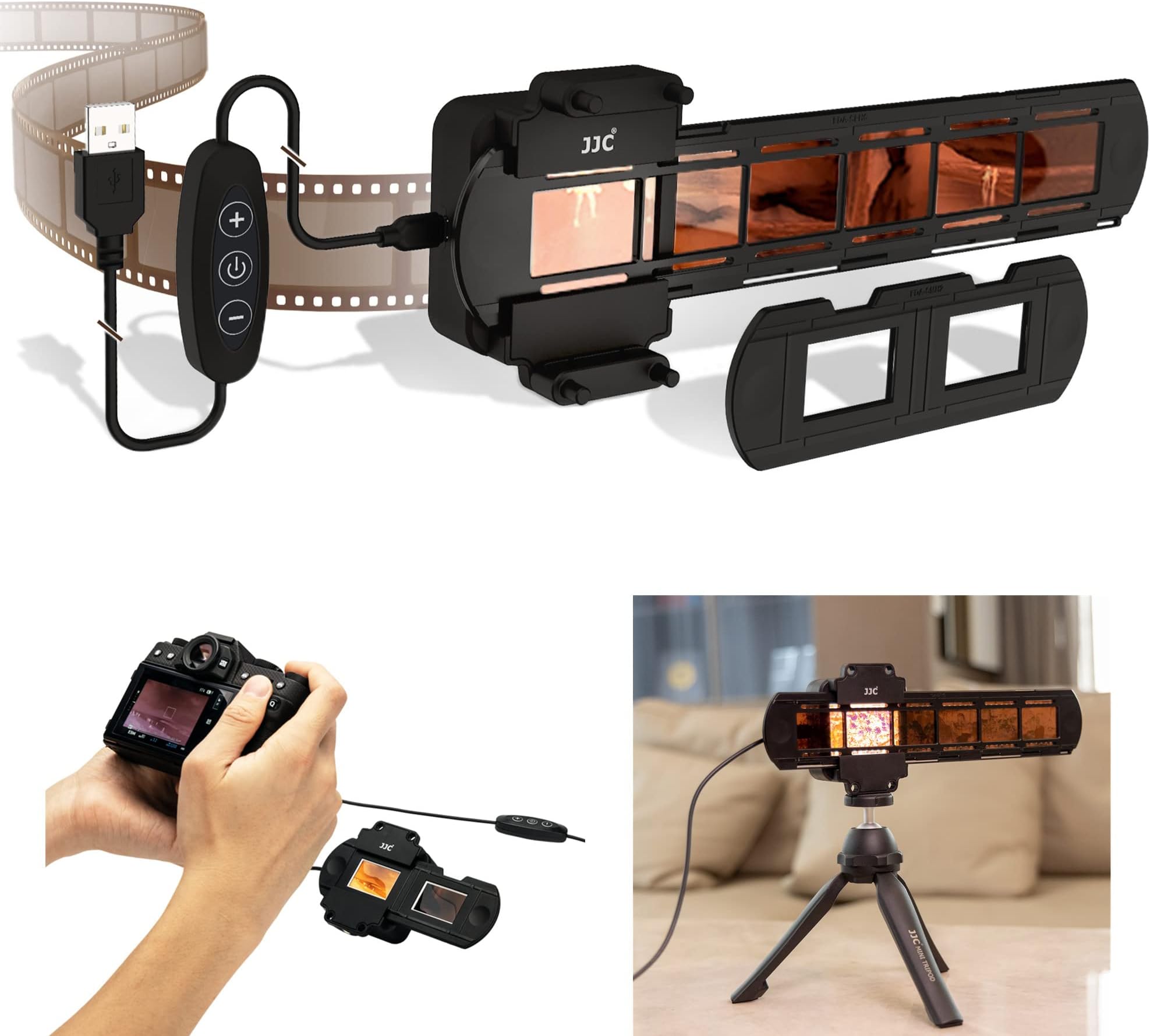 Film Digitizing Adapter Set Including USB Light Box 95+ 6500K with 10 Levels Adjustable,Slide Mount Holder for 2 Mounted 35mm Slides,Strip Film Holder for 6 Frame 35mm Film for Old Negative Copying