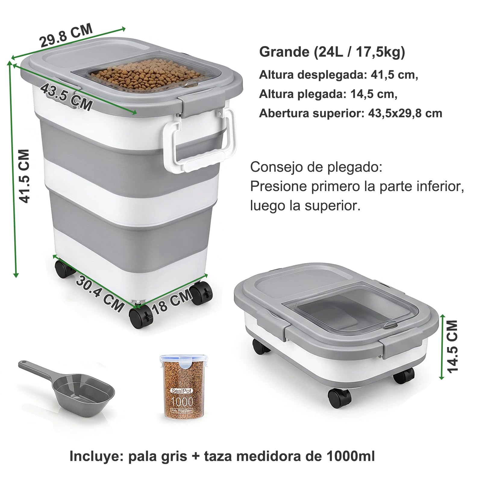 FUSHITON Gran Contenedor de Comida para Perros Plegable con Ruedas 24L/17,5kg – Recipiente Hermético para Pienso con Clip y Junta de Silicona, Incl. Pala + Taza Medidora 1000ml, Plegable Gris