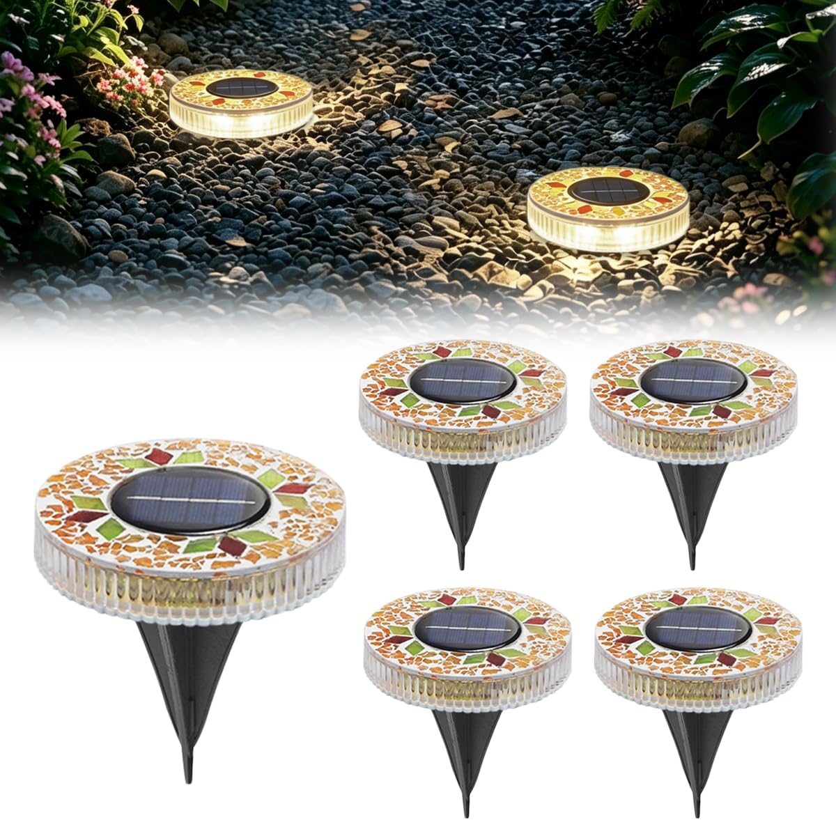 Solar Mosaic Disk Lights Outdoor, Waterproof Mosaic Glass Decorative Solar Garden Lights Auto On/Off, Decorative LED Pathway Lamp for Garden Walkway Patio Yard (Yellow)