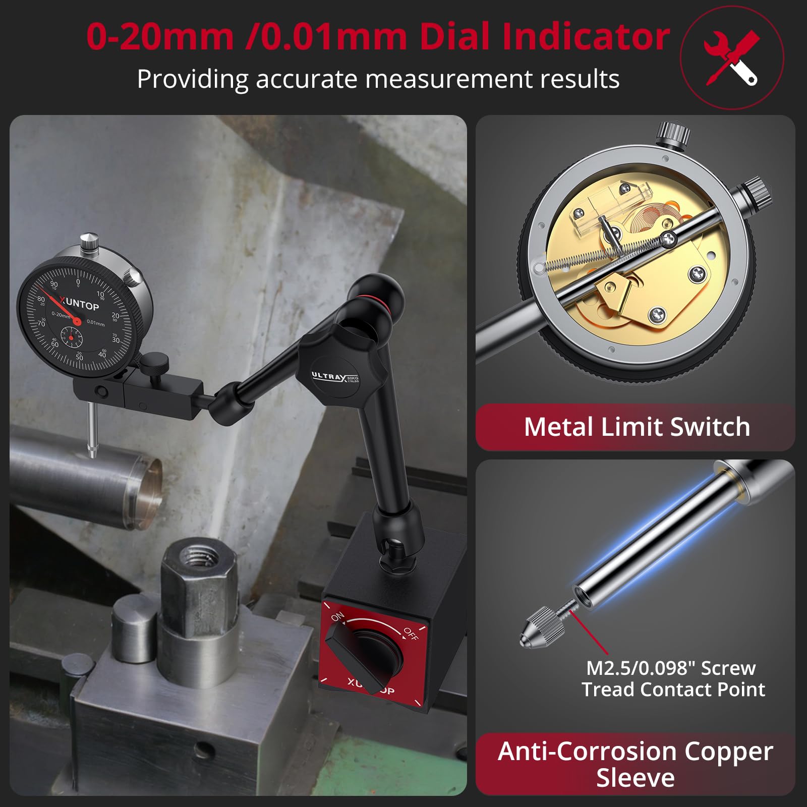 XUNTOP Reloj comparador de precisión con soporte magnético, 176 lbs/80 kg, fuerza de tracción, 0,01 mm, precisión 0-20 mm, rango de medición mecánico, ideal para laboratorio, taller, impresora 3D