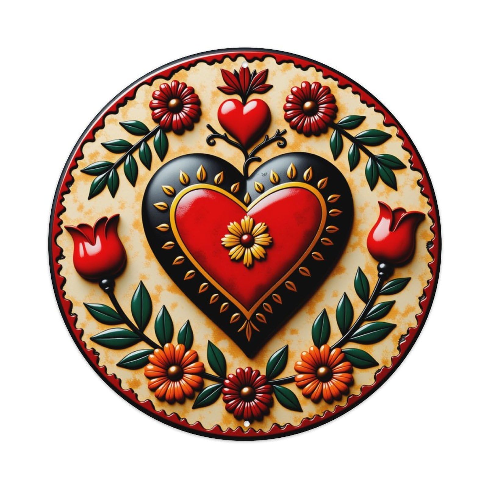 Heart Floral Pattern With Red And Black Accents Round Vintage Tin Sign,Retro Wall Art,Metal Poster for Home, Bar, Garage, Cafe, Rustic Indoor & Outdoor Decor, 8x8 Inches