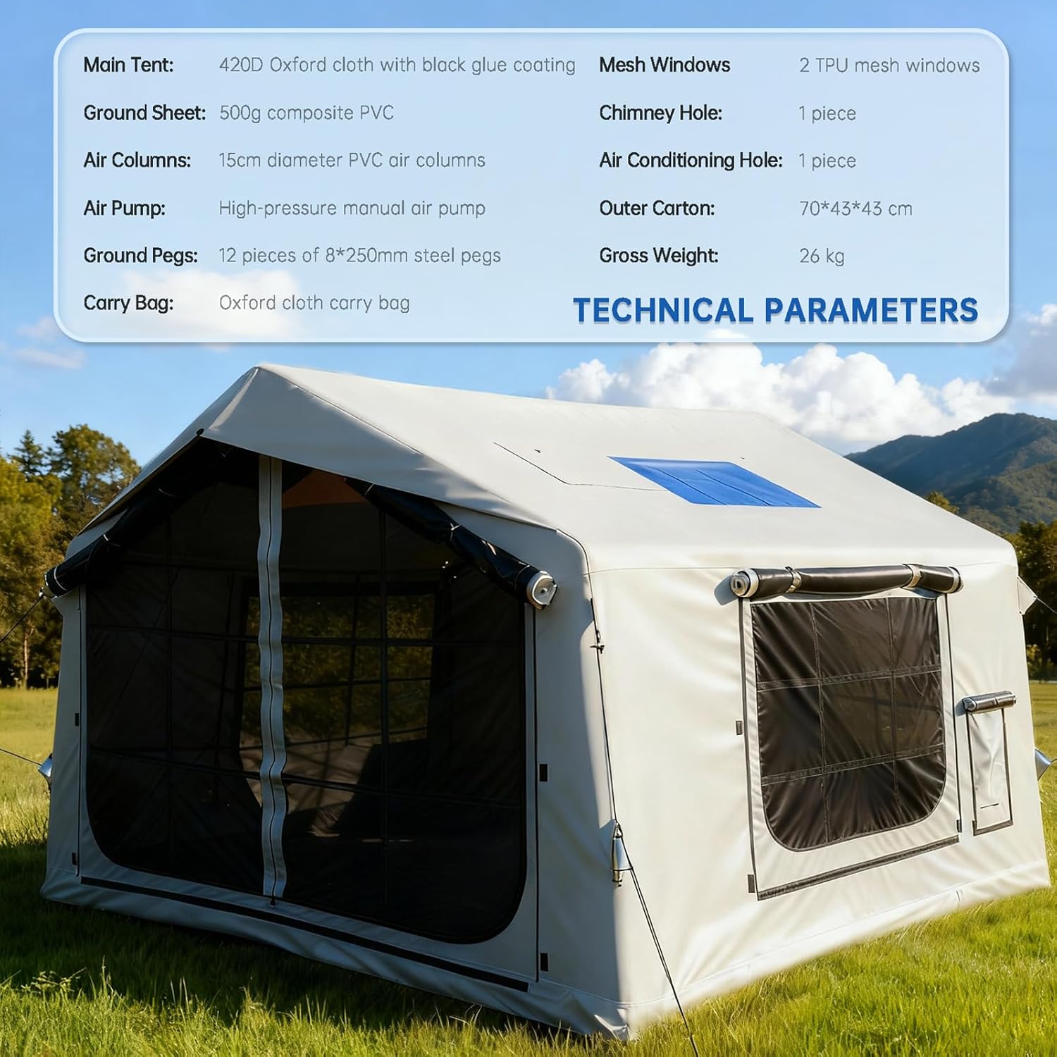 8㎡ Luxury Inflatable Camping Tent for 3-8 People, UV-Resistant 4-Season Family Tent with Chimney Port & Skylight, Oxford Fabric or Tech Cotton – White, Tank Gray, Aurora Green