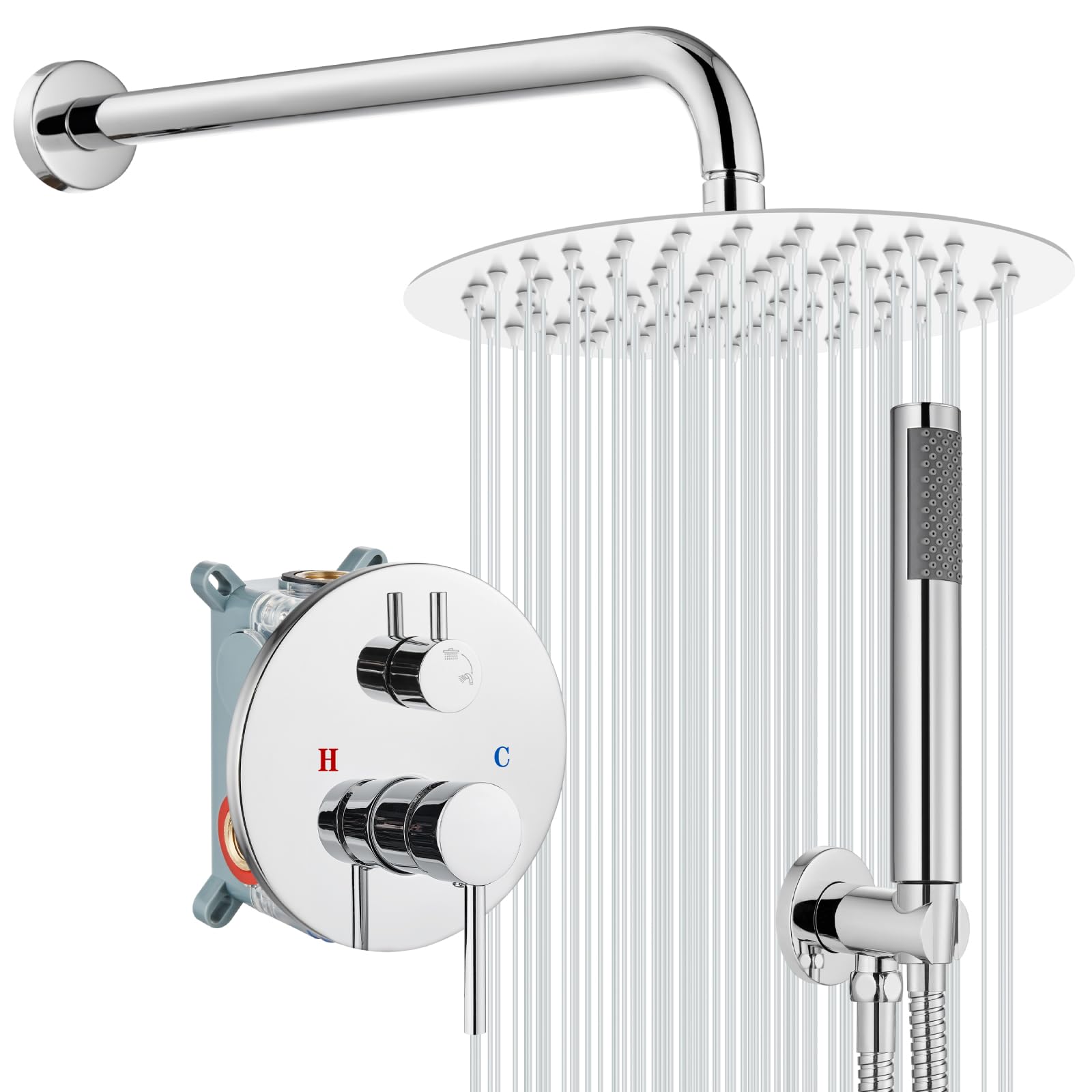 Système de douche rond de 25,4 cm chrome poli avec mitigeur et douchette encastrés