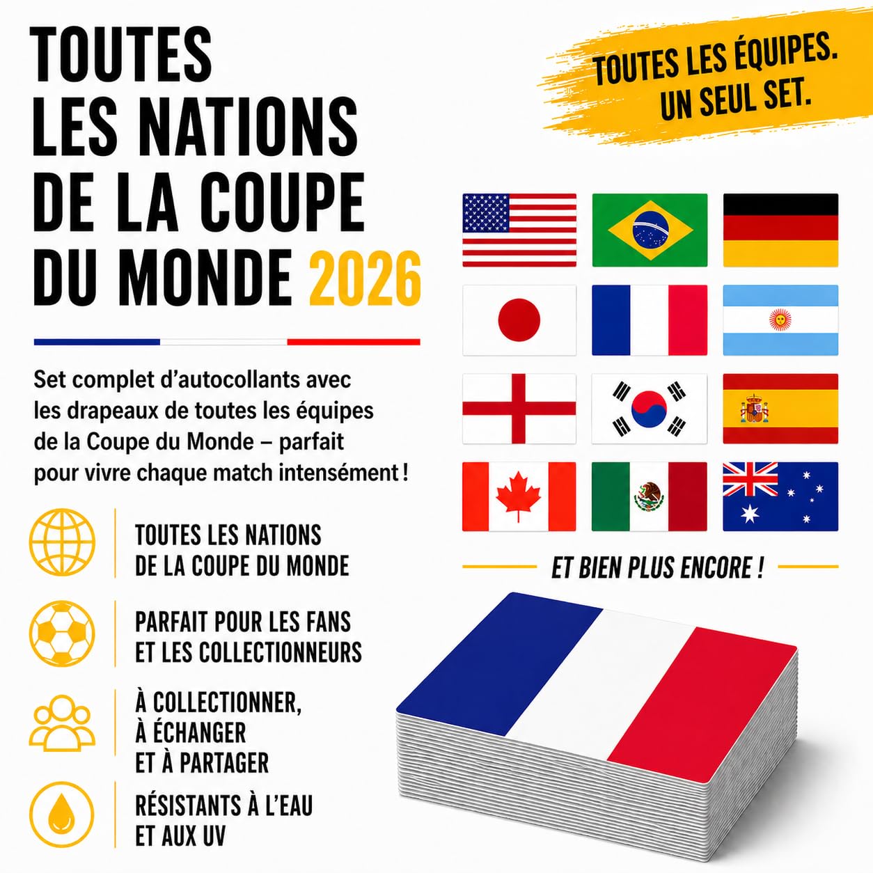 Set d’autocollants Coupe du Monde 2026 – 240 stickers (5x chaque drapeau) – Drapeaux de toutes les équipes – résistants à l’eau & aux UV – pour voiture, ordinateur portable & fan zone