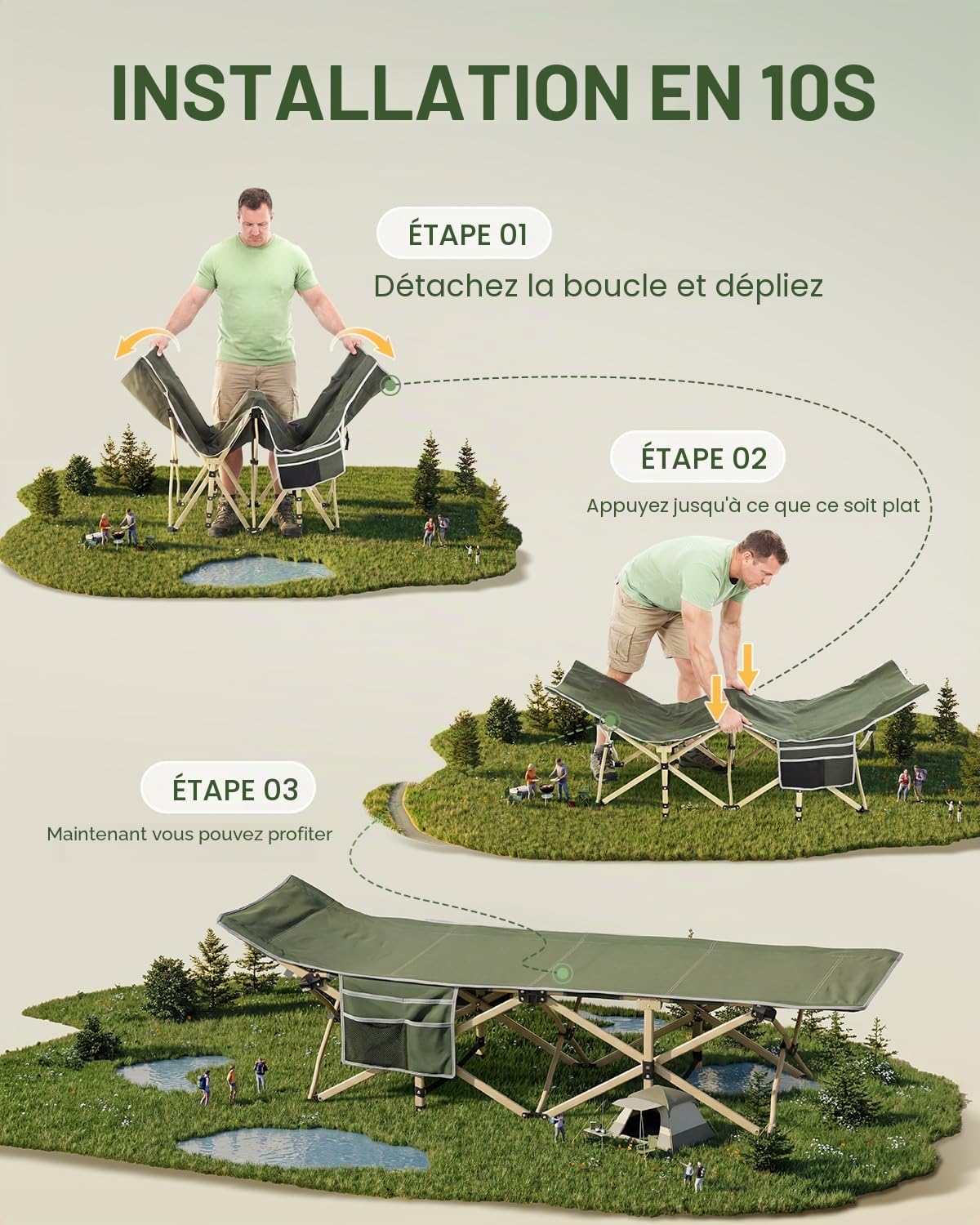 lit de Camp avec Matelas pour Adultes, 71/81cm lit de Camp Pliable 1 Personne Charge Jusqu'à 204 Kg pour Camping, Les Voyages, la Maison, Jardin