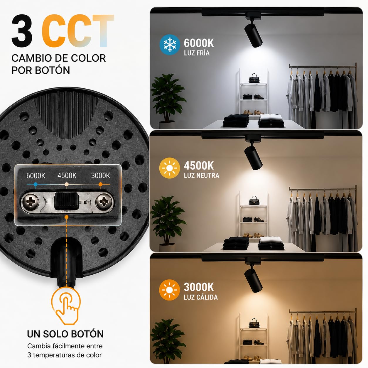 ONSSI® Spot LED 35W pour rail monophasé COB 3150lm (CCT dimmable en blanc froid-neutre-chaud) Spot Led de plafond (Noir)
