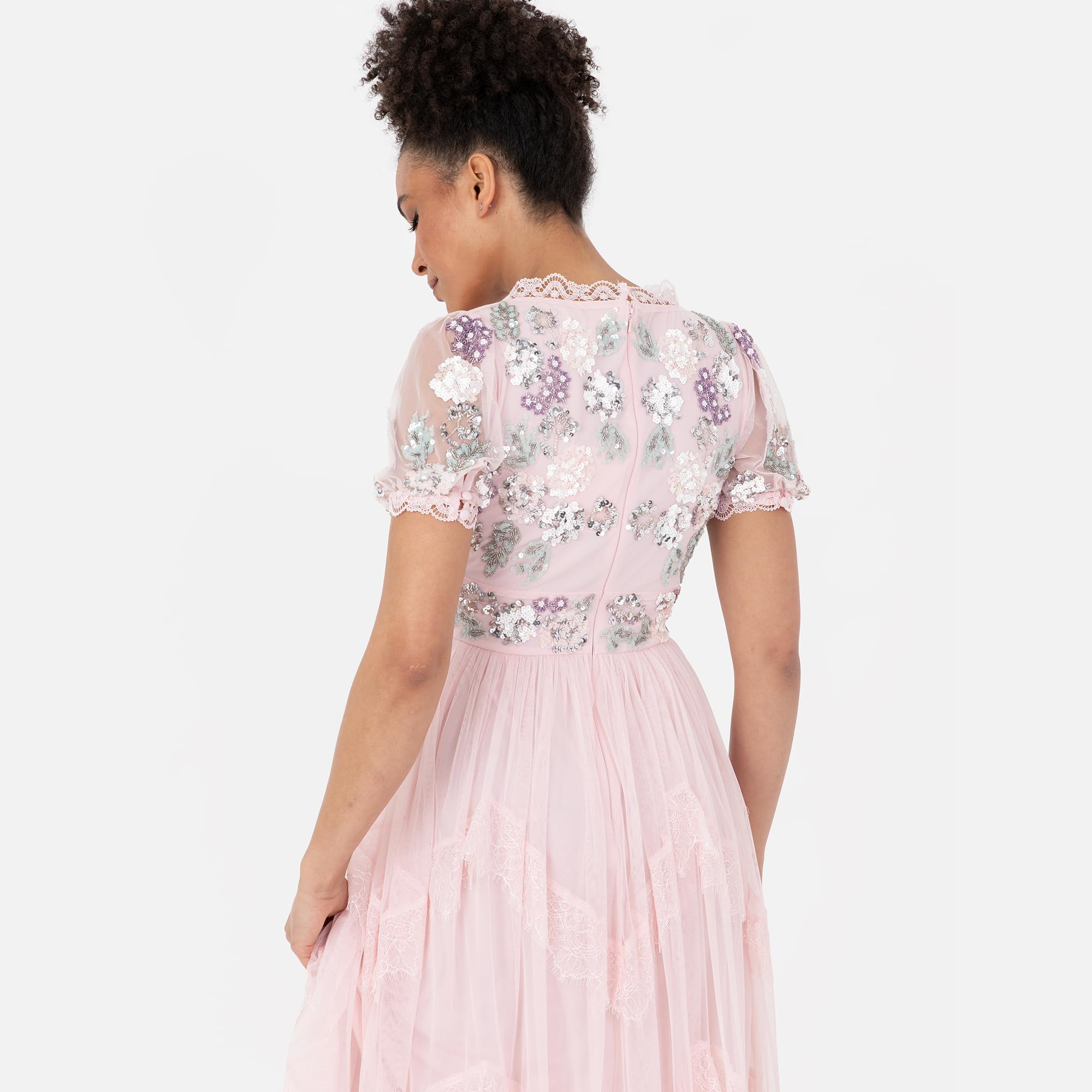 Maya Deluxe Damska sukienka maxi z krótkim rękawem z dekoltem w serek, wybijana koronka, tiulowa, rozcięta, linia A, dla panny młodej, różowa, 40, Crystal Pink, 40