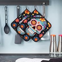 Sugar Skulls Pot Holders Set of 2 Kitchen Potholders with Pocket Heat Resistant Hot Pad Table Pads Non Slip Trivet for Cooking Baking Camping