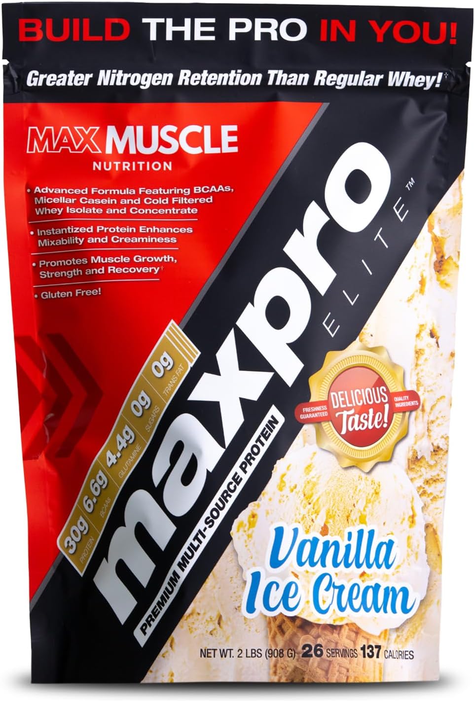 Max Muscle Maxpro Elite Whey Protein Powder | 30g Protein | 0g Sugar | 6.6g BCAAs | Micellar Casein Cold Filtered Whey Isolate Protein | Promotes Muscle Growth & Recovery (Vanilla Ice Cream 2lb)