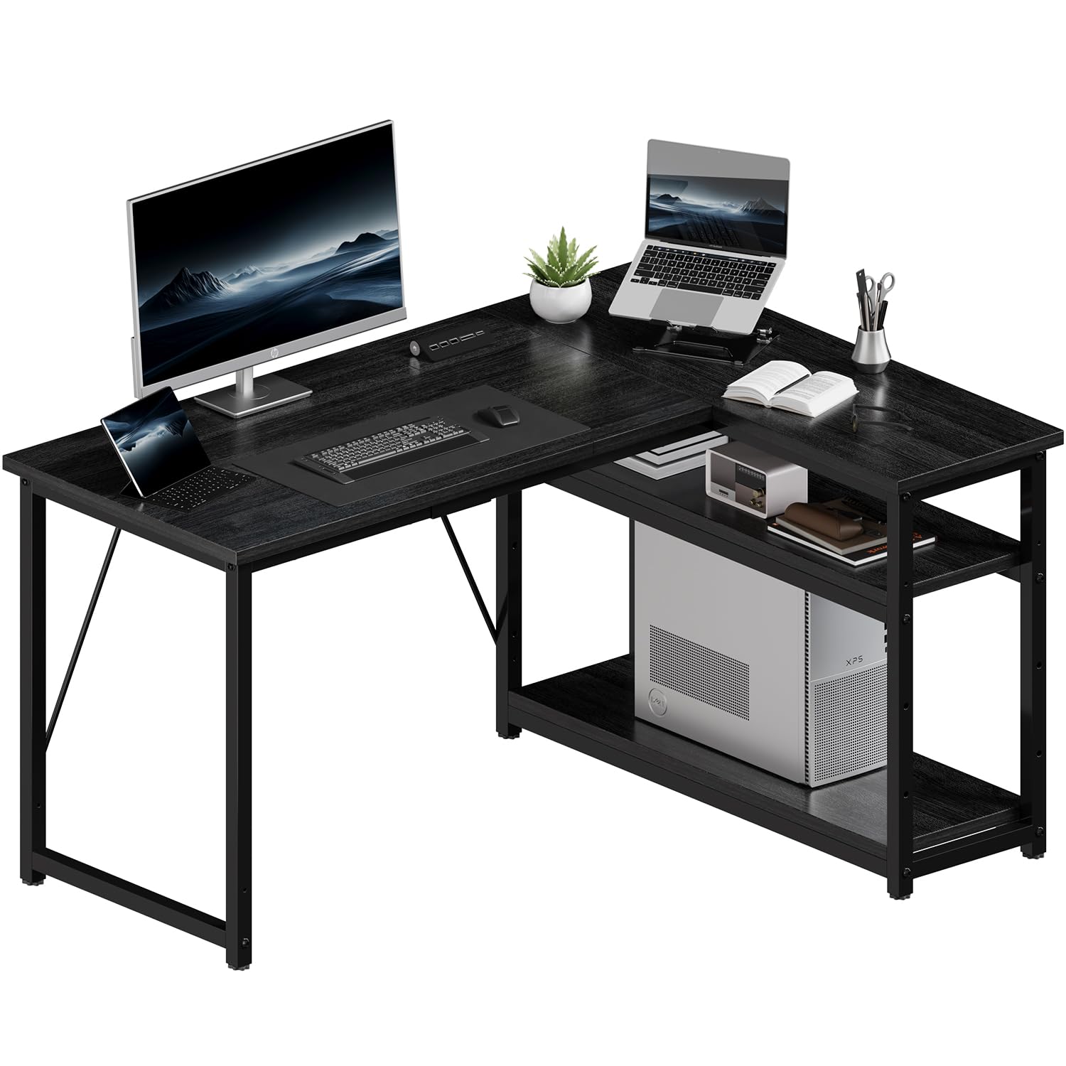 JUMMICO Small 120x80cm L-Shaped Corner Desk with Storage,Compact Corner Computer Desk for Home Office, Black