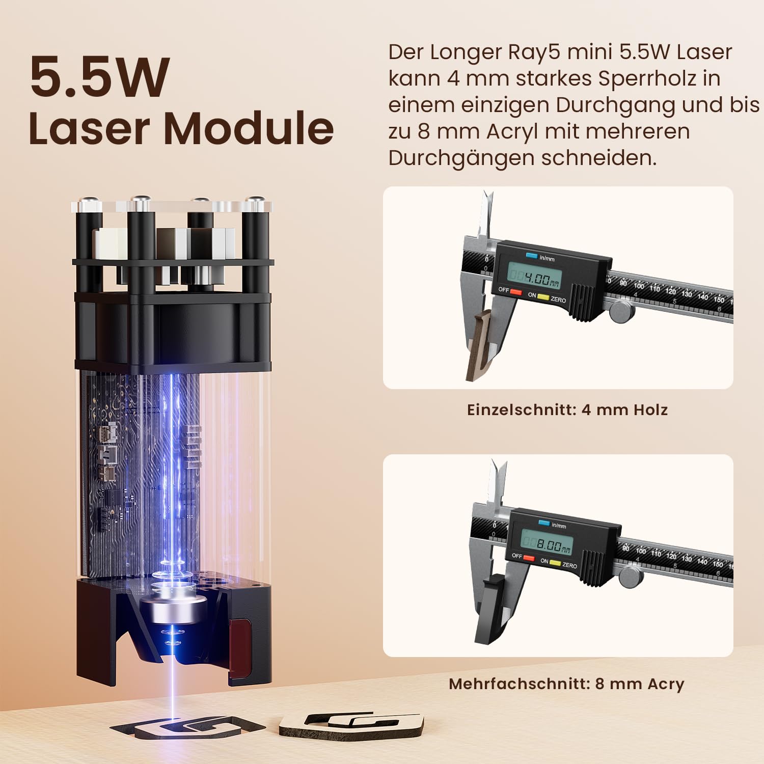 LONGER Ray5 mini Incisore Laser, Incisore Laser 5.5W ad alta velocità con Wi-Fi, Arresto di Emergenza, CNC per DIY e incisione su legno, metallo, acrilico e pelle, area di lavoro 130 × 130 mm