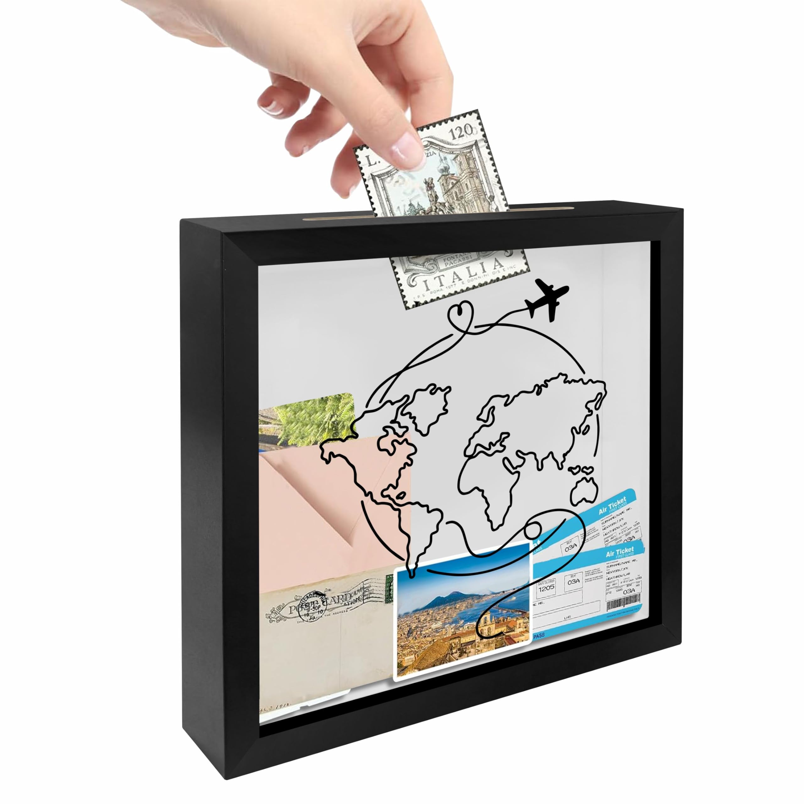 8 x 8 Inch Wooden Shadow Box Frame with Shelves Slot - Sketch Global Map Travel Theme - Money Savings Bank Ticket Saving Box Keepsake Memory Box Piggy