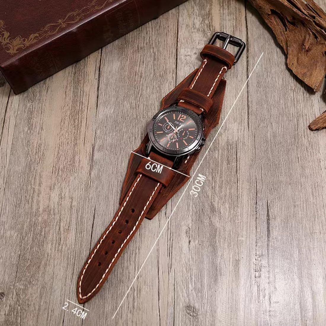 MINILUJIA Reloj de pulsera para hombre cosido a mano con cuerda de cera, vintage, punk, hiphop, gótico, ancho, de cuero, redondo, cuarzo, esfera grande, negro y marrón