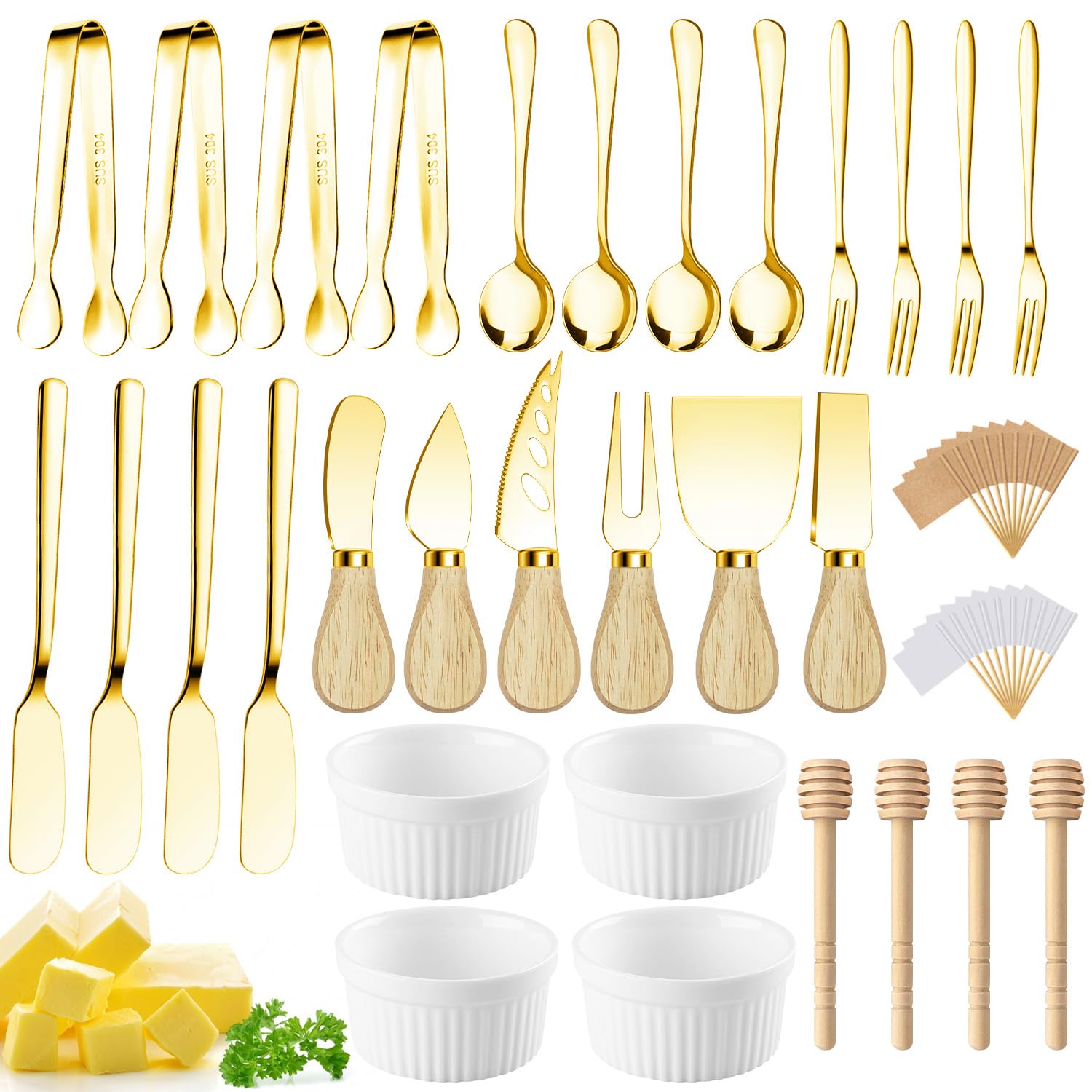 charcuterie boards accessories gold charcuterie utensils cheese butter spreader knife set small serving tongs forks and spoons dipping bowls honey dippers toothpick flags for party platter making