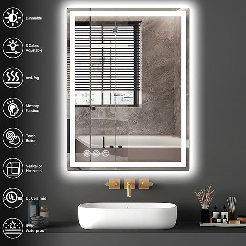 Miniatura 5 de Espejo de baño LED de 24 x 32 pulgadas con espejos de pared regulables sin escalones con antiniebla, CRI regulable  90, espejo de tocador con 3