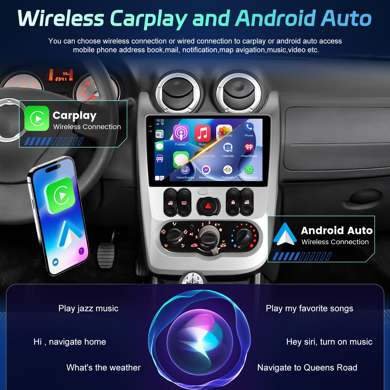 4G+64G Autoradio pour Renault Logan 1 Sandero 2009-2015/Dacia Duster 2010-2017 avec sans Fil Carplay et Android Auto, Radio à Écran Tactile 9 Pouces avec WiFi/GPS/Bluetooth 5.0/EQ/FM RDS Radio