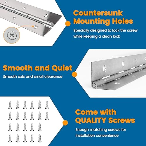 Miniatura 4 de Muzata Paquete de 1 bisagra de piano de acero inoxidable resistente de 71 pulgadas con agujeros para caja de almacenamiento de puerta de barco, 2