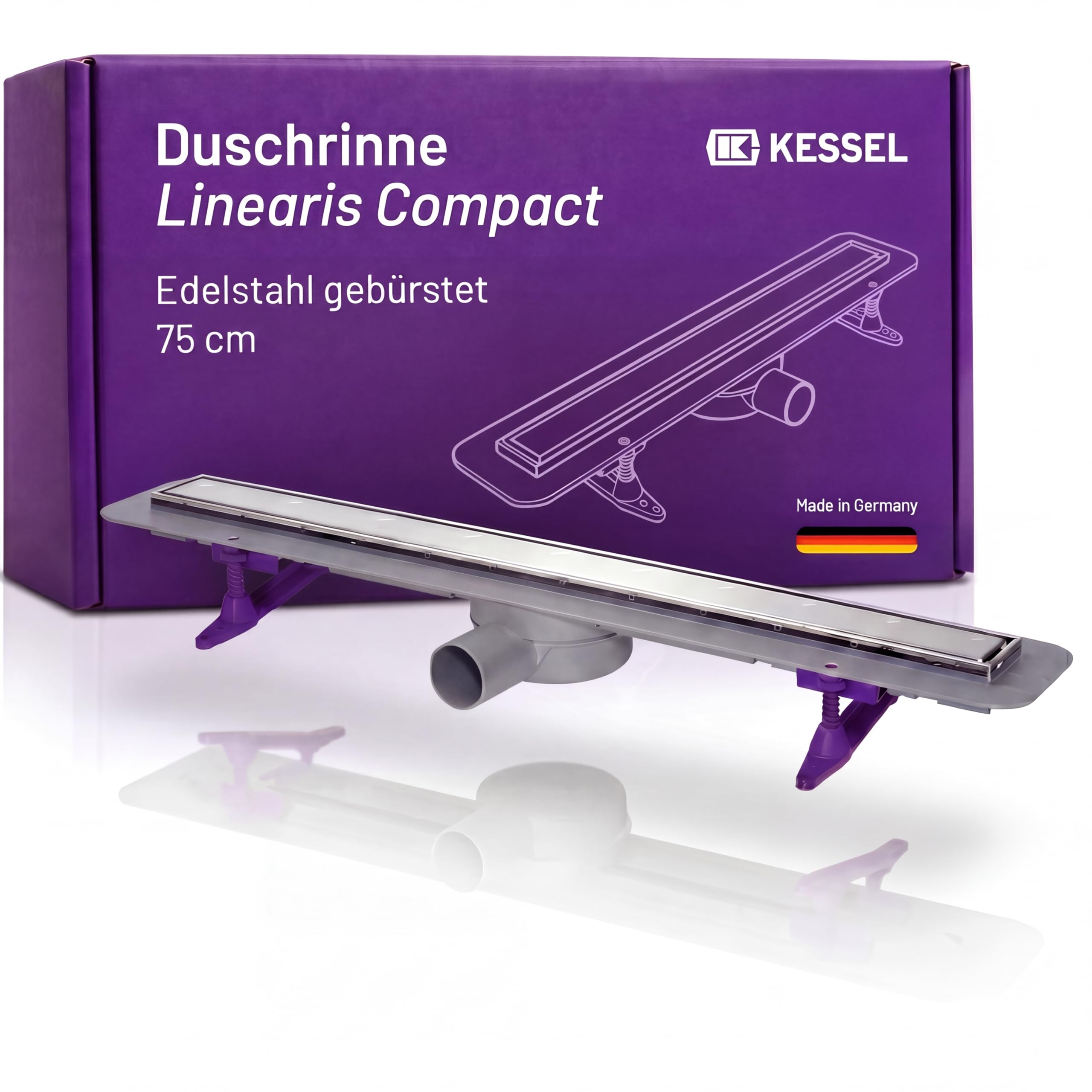KESSEL Duschrinne Linearis Compact 75 cm, Edelstahl, DN 50, flach | Wendbarer Rost befliesbar, inkl. Geruchsverschluss, WaD Dichtmanschette, geringe Einbauhöhe, Komplettset