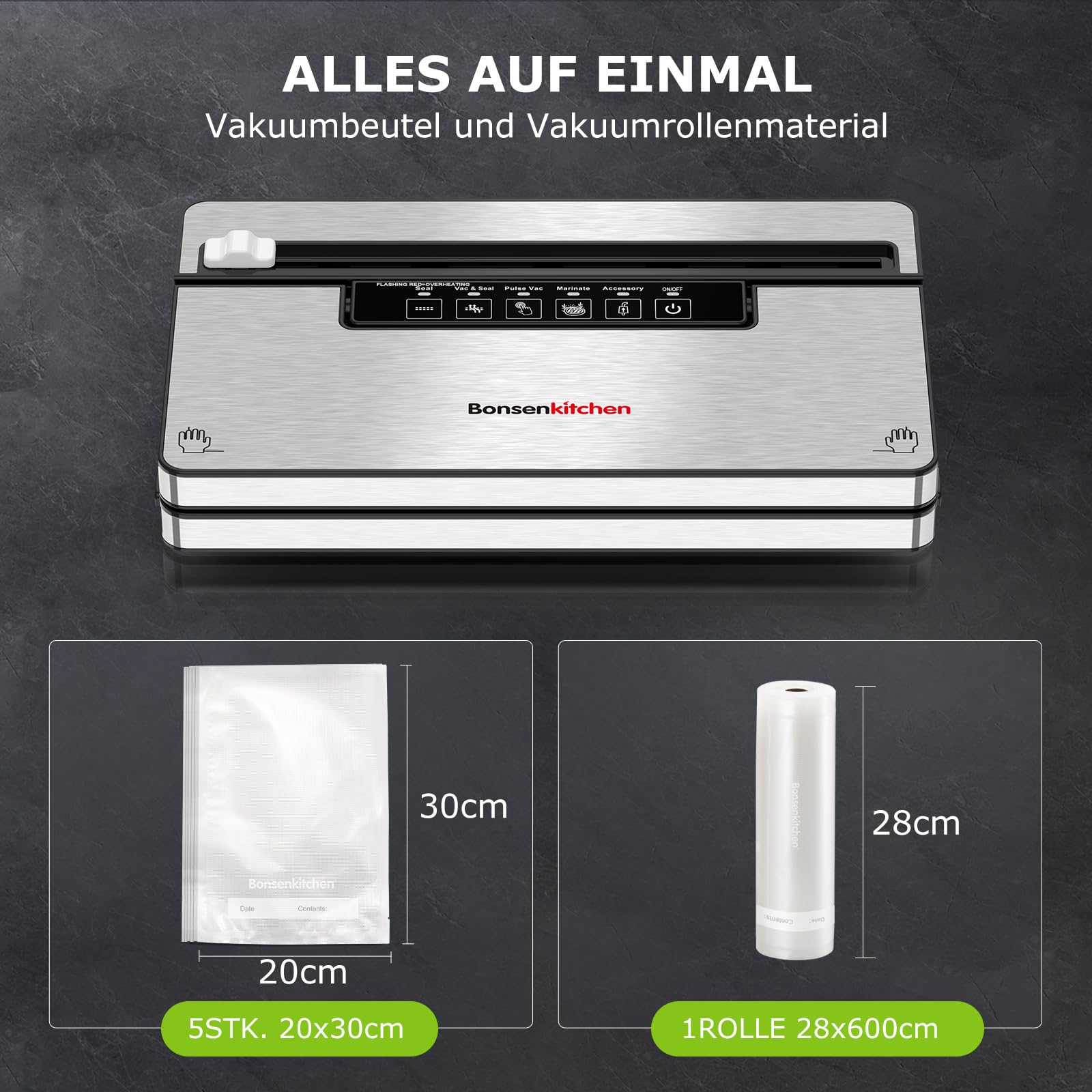 Bonsenkitchen Vakuumierer Stark Vakuumiergerät 5 Modi 8 L/Min Globefish-Technologie Kontinuierliches Arbeiten Hohe Geschwindigkeit 5 Vakuumbeutel 1 Rollbeutel