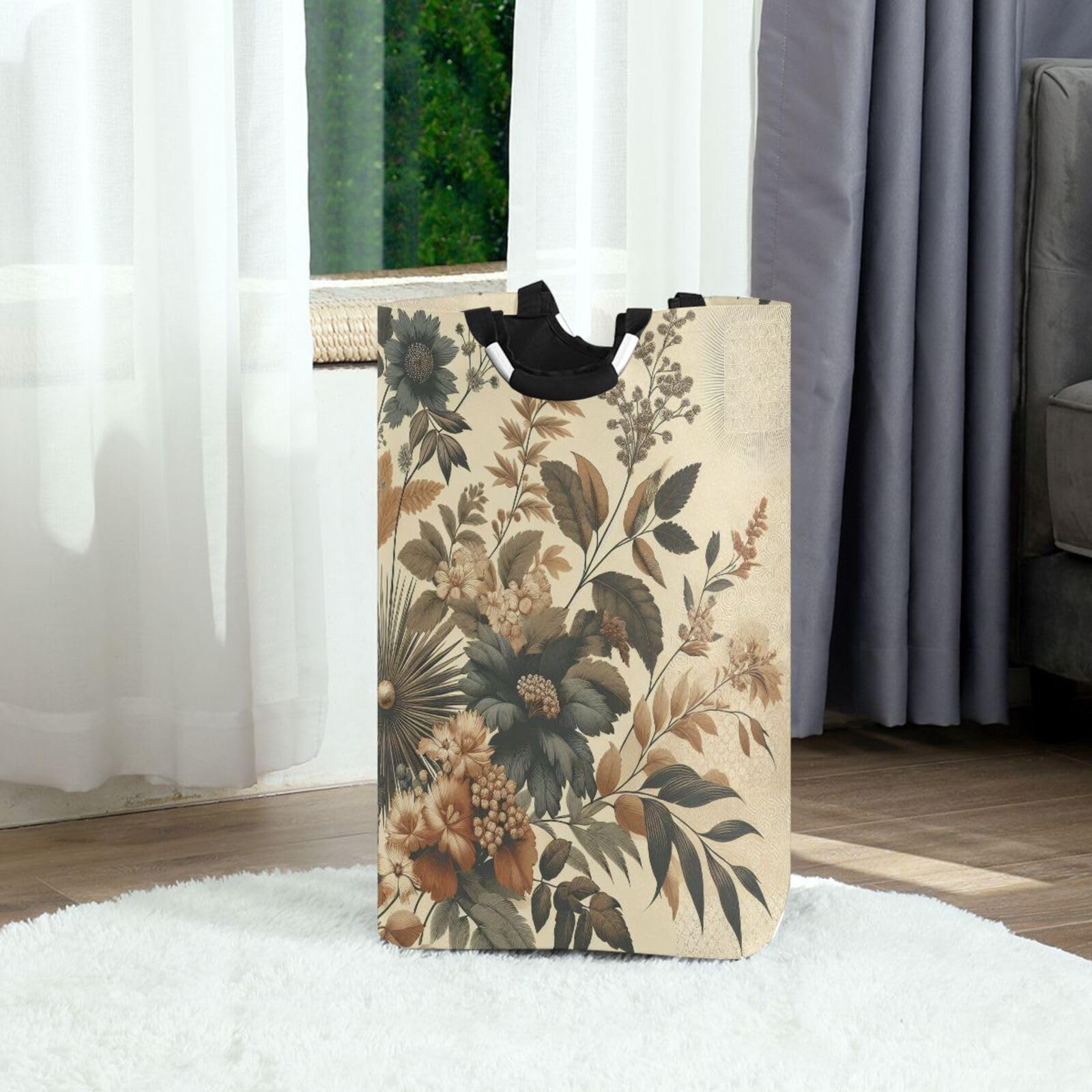 Jihqo Laundry Hamper Basket Vintage Botanical Retro Flowers Collapsible Nursery Storage Bin Waterproof Clothing Baskets for Home Bedroom Bathroom Washing Room