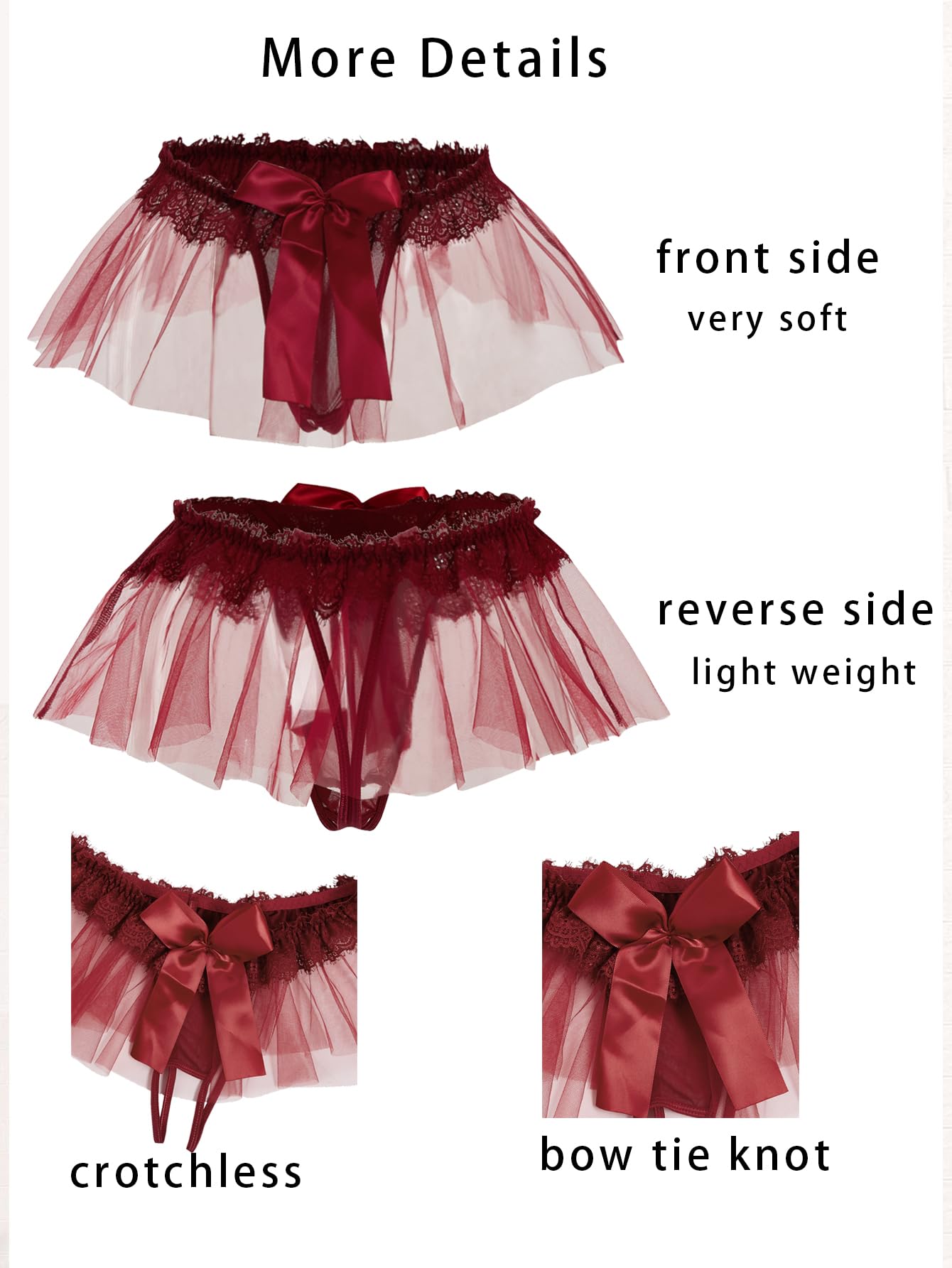 OYOANGLE Women's Mesh Babydoll Lingerie Cute Bow Tie Ruffle Lace Trim Thong Panty Low Rise Underwear: Medium Burgundy