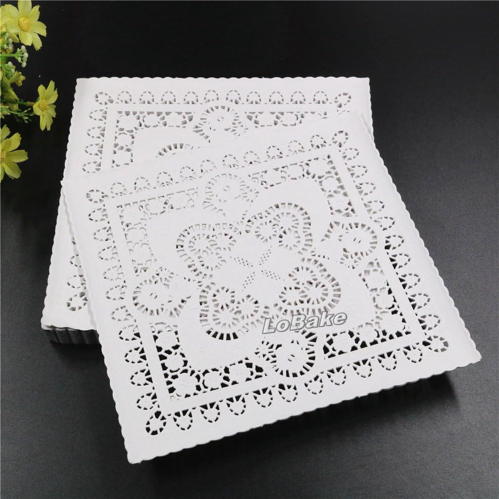 LoBake 250pcs 8 inches Square Chinese Hollow lace Design Paper doilies Coaster Kitchen Table Accessories