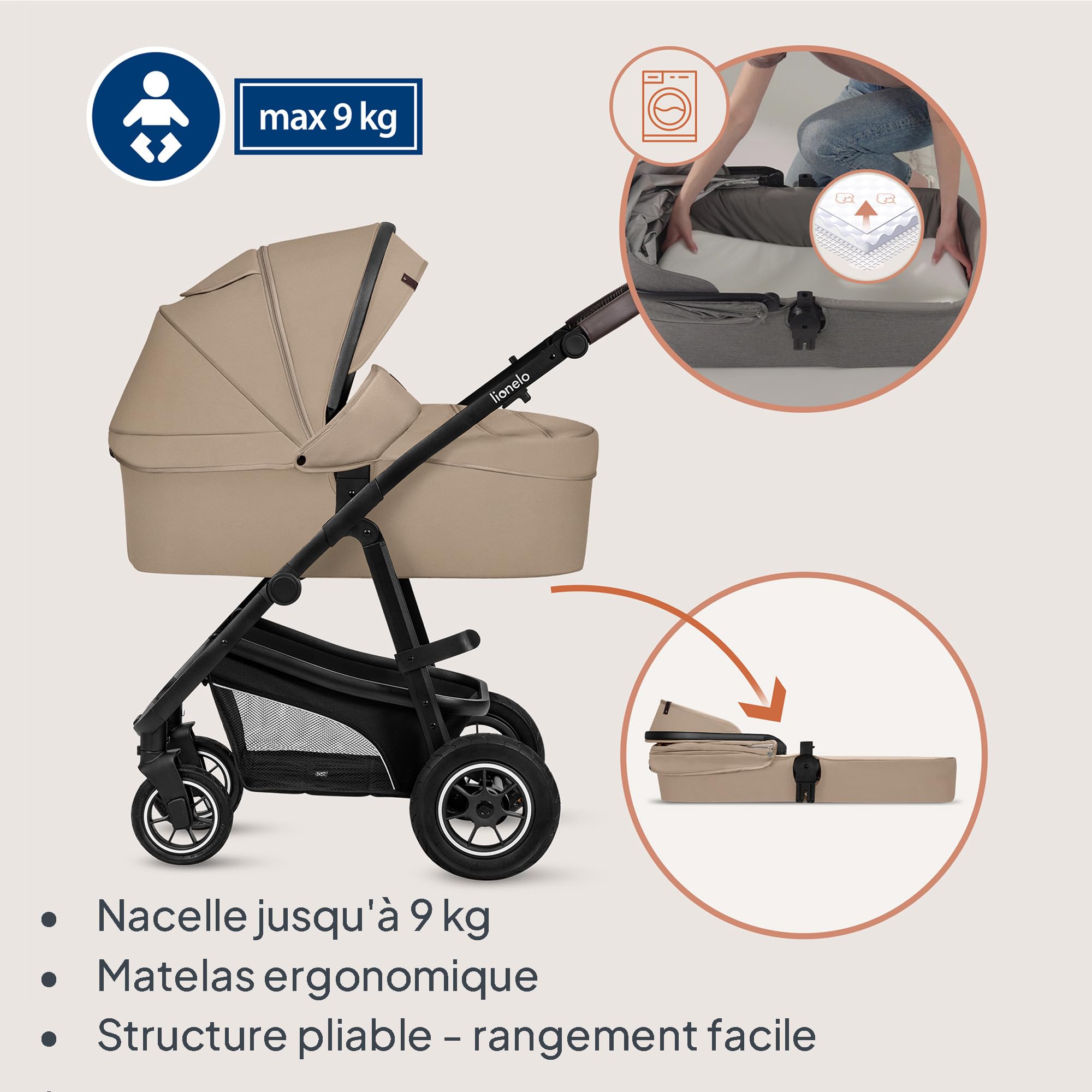 LIONELO BIANKA Poussette 3 en 1 max 22 kg Nacelle 9 kg Siège-auto 13 kg Pliable Système de Voyage Roues 360° Amorti Auvent XXL Trio