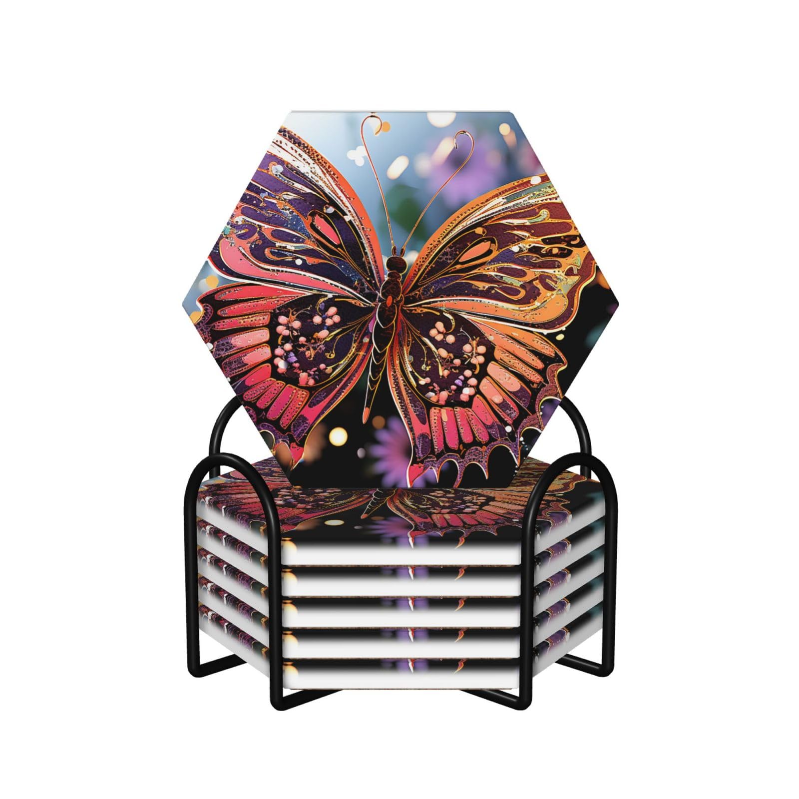 Gflfmxzw Hexagon Ceramic Coasters For Drinks Drink Coasters With Metal Holder Butterfly Flower Ceramic Coaster Set Of 6 Drinks Cup Mat Cork Backing Stone Coasters For Tabletop Protection 4.1"