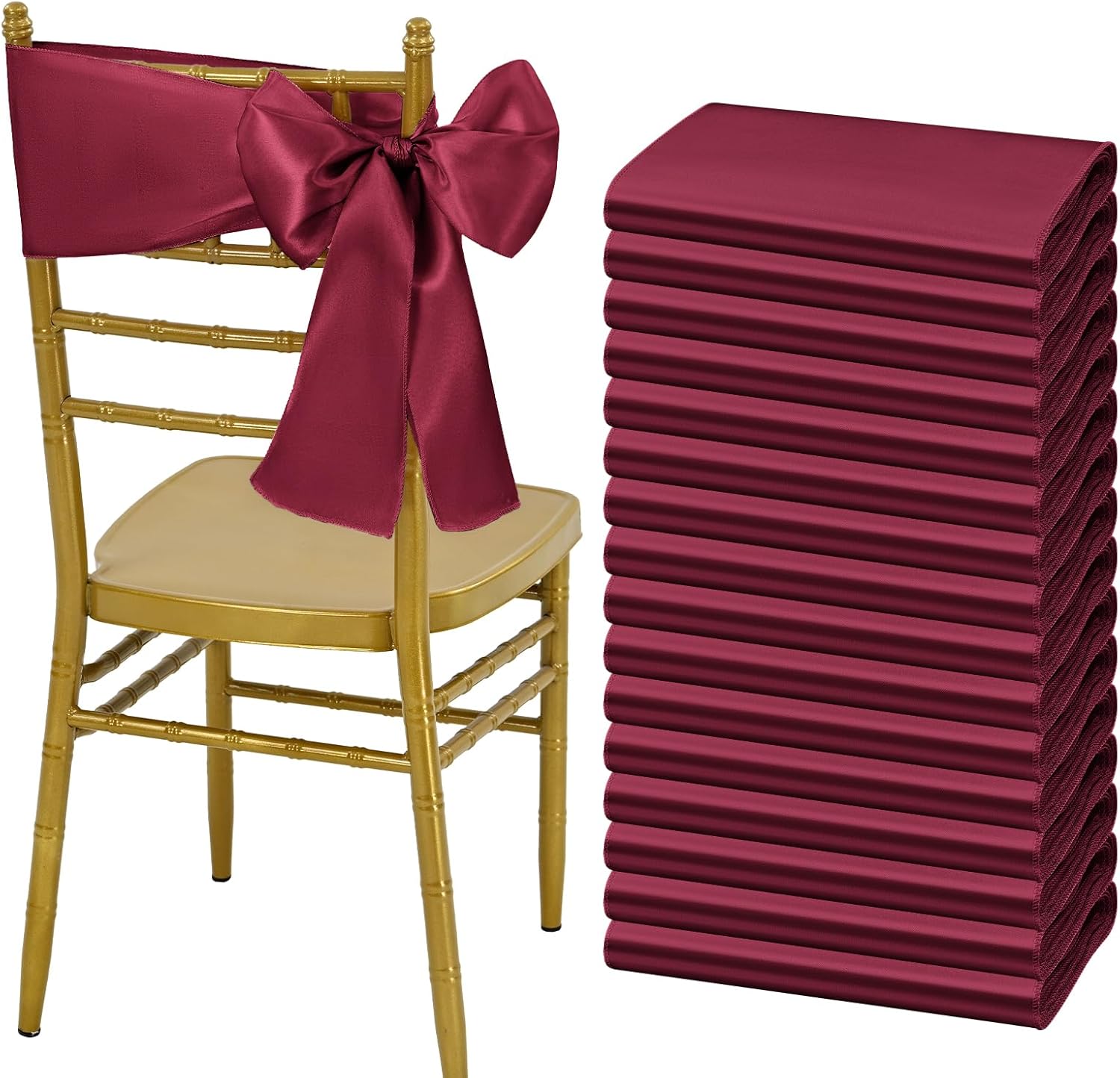 Showgeous 60 PCS Burgundy Satin Chair Sashes Bows Decoration Chair Cover for Wedding Reception, 7 x 78 inch Chair Ribbons Bows for Banquet Party Baby Shower Event Decorations