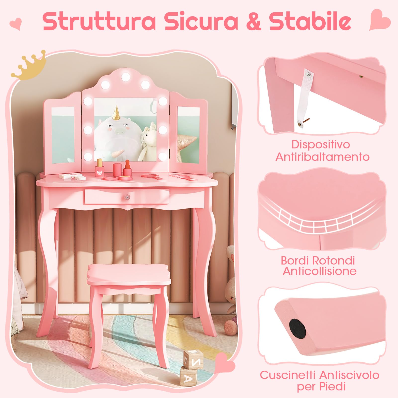 COSTWAY Toeletta Trucco 2 in 1 per Bambina, Specchiera Staccabile per Ragazza in Legno con Sgabello, Cassetto, Ripiani e Giocattoli, Postazione Trucco per 3 Anni, 70 x 34 x 103 cm (Rosa)