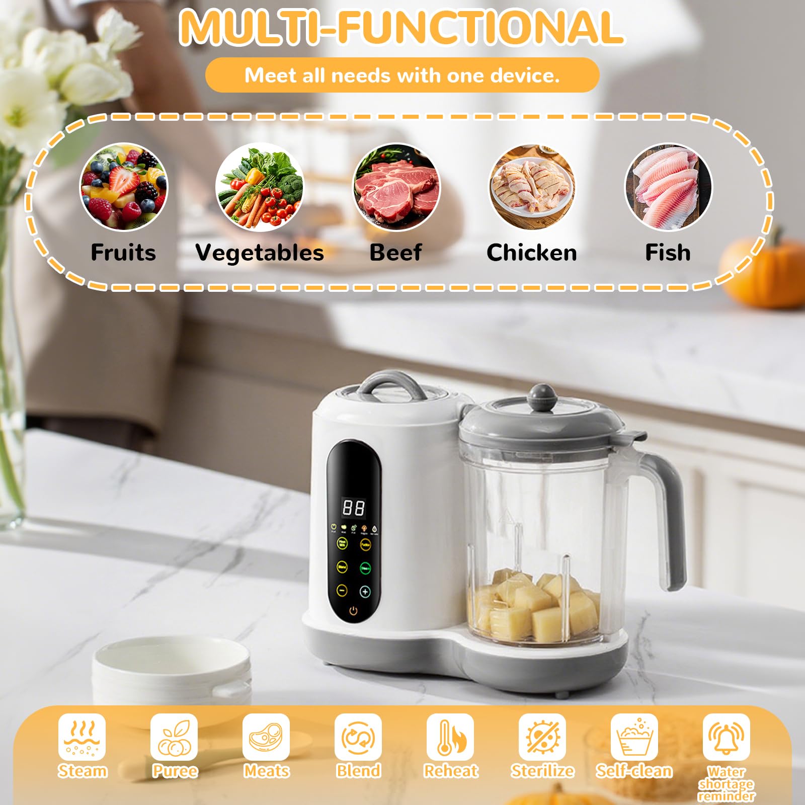 Robot Cuiseur Mixeur pour Bébés, Cuiseur Mixeur Multifonctions, Robot Cuiseur Bebe, Cuisson et Mixage Automatiques, Vapeur, Pulse, Stérilise, Nettoyage Automatique, Écran Tactile, 400ML