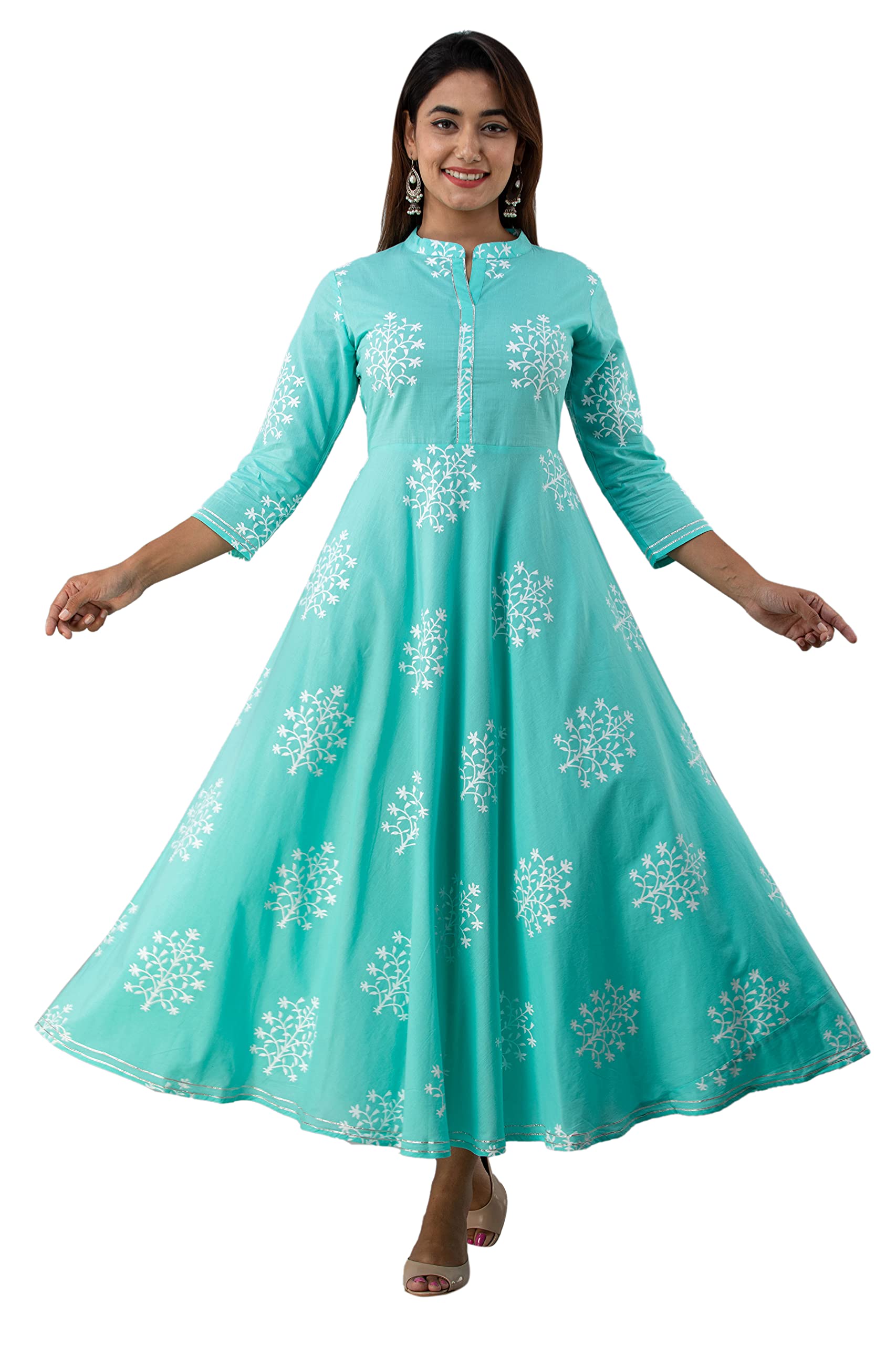 Glam RootsWomen Cotton Printed Mandarin Neck 3/4 Sleeve Flared Ankle Length Kurta Dress