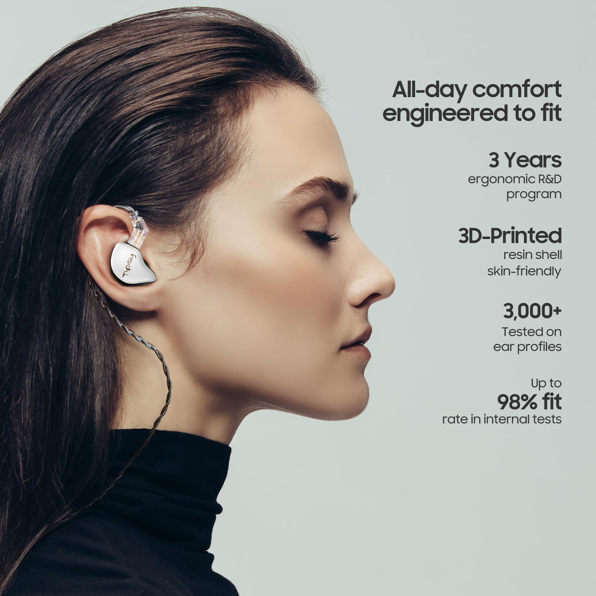 Tipsy M3 Professional IEM per musicisti, driver 2BA + 1DD, 36dB PNC, IPX5, tecnologia Acoustic-Runway, resina delicata sulla pelle, cavo staccabile a 2 pin da 0,78 mm (senza microfono, bianco e nero)