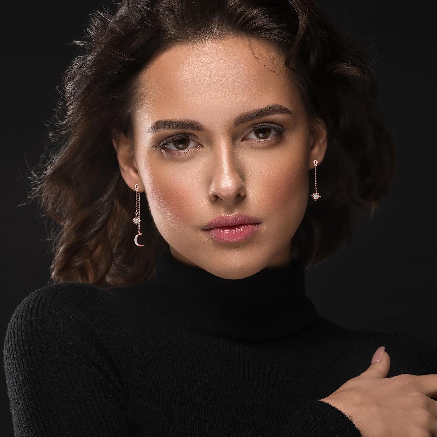 Moon and Star Dangle Earrings for Women Chain Tassel with Cubic Zirconia Drop Celestial Jewelry for Wedding Gift - Image 3