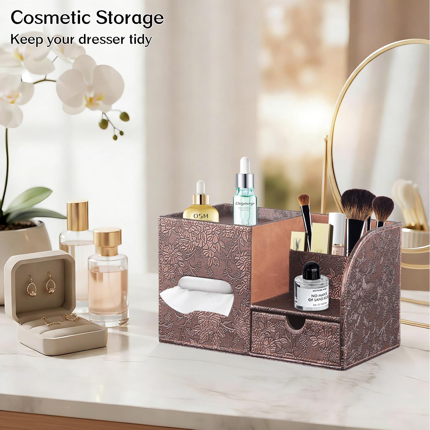 Fanousy Square Tissue Box Cover with Drawer Storage and Tray on Top, PU Leather Tissues Cube Boxes Holder, Modern Nightstand Organizer Caddy, Remote Control Holder for Bathroom, Bedside, Office, Home
