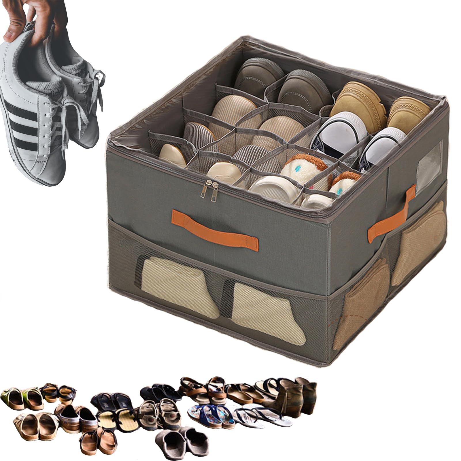 Scatola porta scarpe 16 compartimenti pieghevole in tessuto 600D Oxford con coperchio PVC trasparente,Salvaspazio per scarpe e accessori,Impilabile,Armadio,Ingresso,Appartamento piccolo (Grigio)