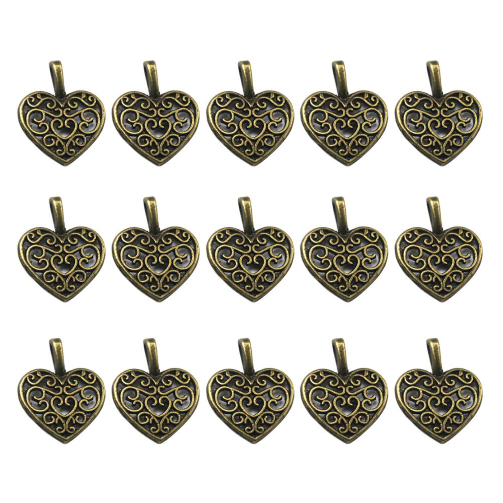 TENDYCOCO 100pcs Alloy Hollow Heart Pendants Charms Jewelry Making Accessory for Bracelet Earrings (Antique Silver)
