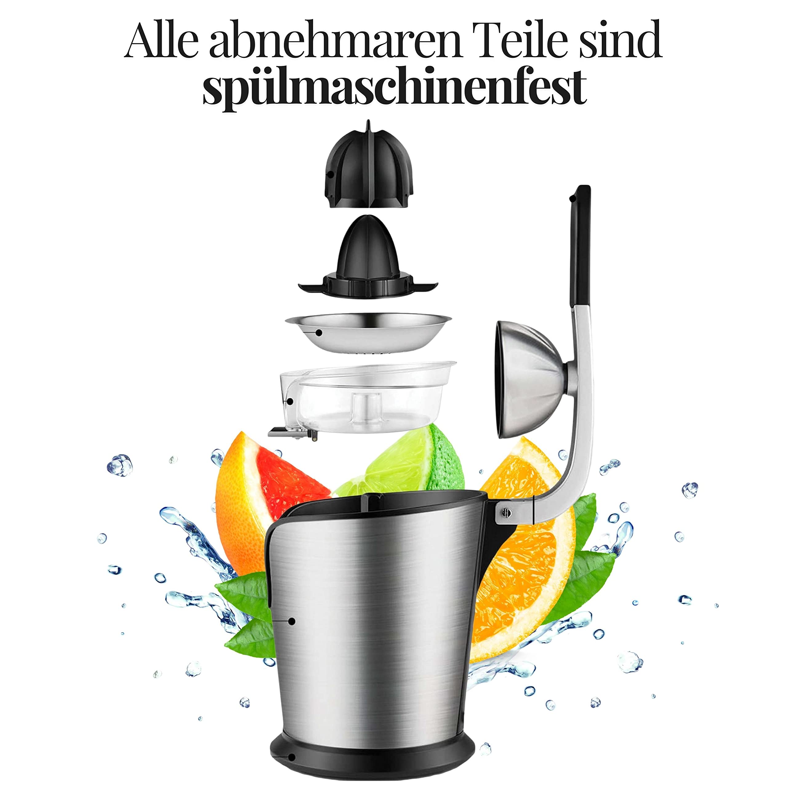 Elektrische Edelstahl Zitruspresse | Longlife-Motor | 500 Watt | 2 Presskapseln | Edelstahlsieb | Elektrische Saftpresse | Auto-Start-Stop | Entsafter