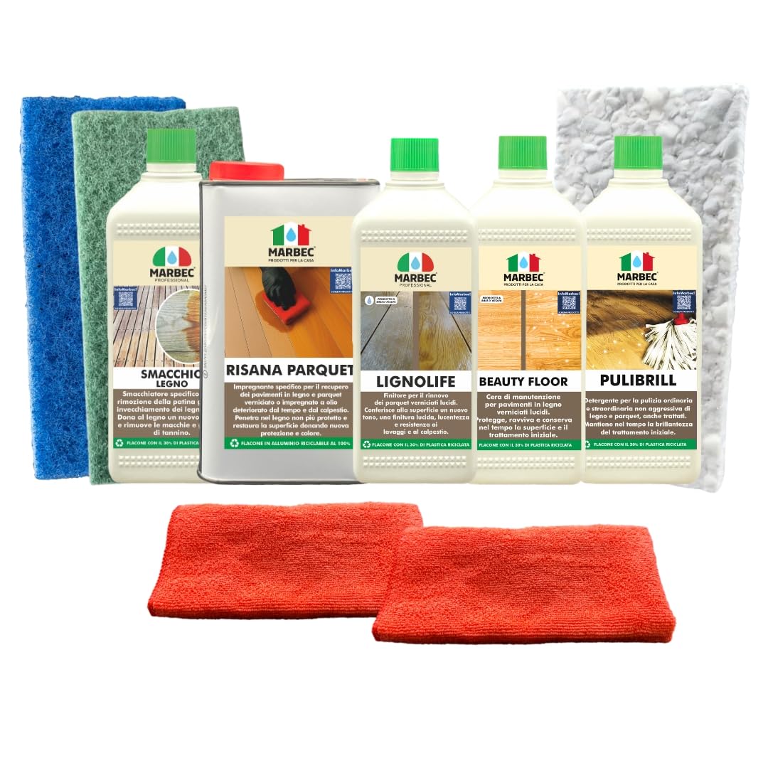 MARBEC KIT RESTUARA LEGNO VERNICIATO Per il restauro fai da te di pavimenti in parquet verniciato lucido. Dona al materiale una nuova protezione idrorepellente e antimacchia.