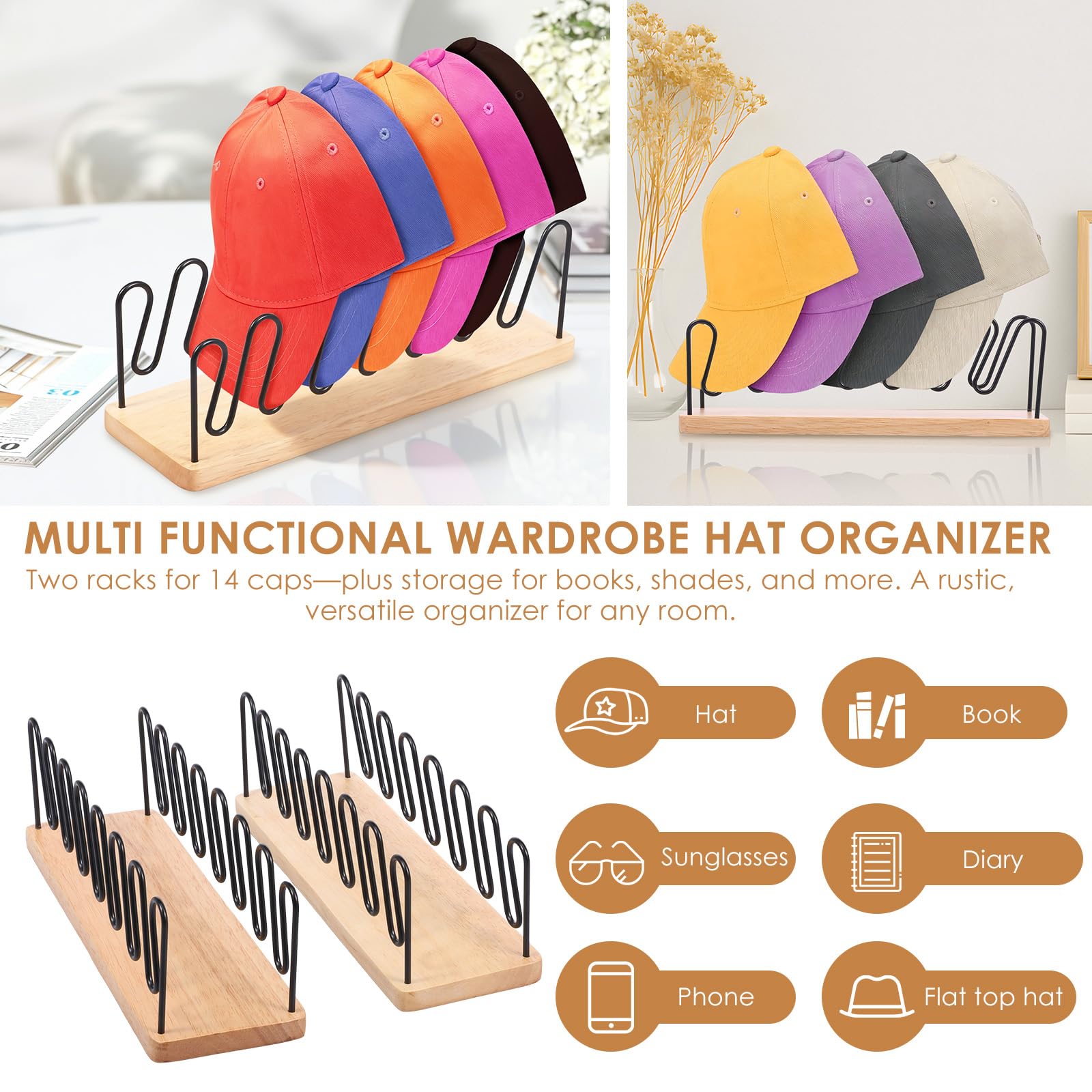 Organizador de sombreros 2 piezas para 14 gorras de béisbol, bandeja de madera maciza y metal, sin instalación