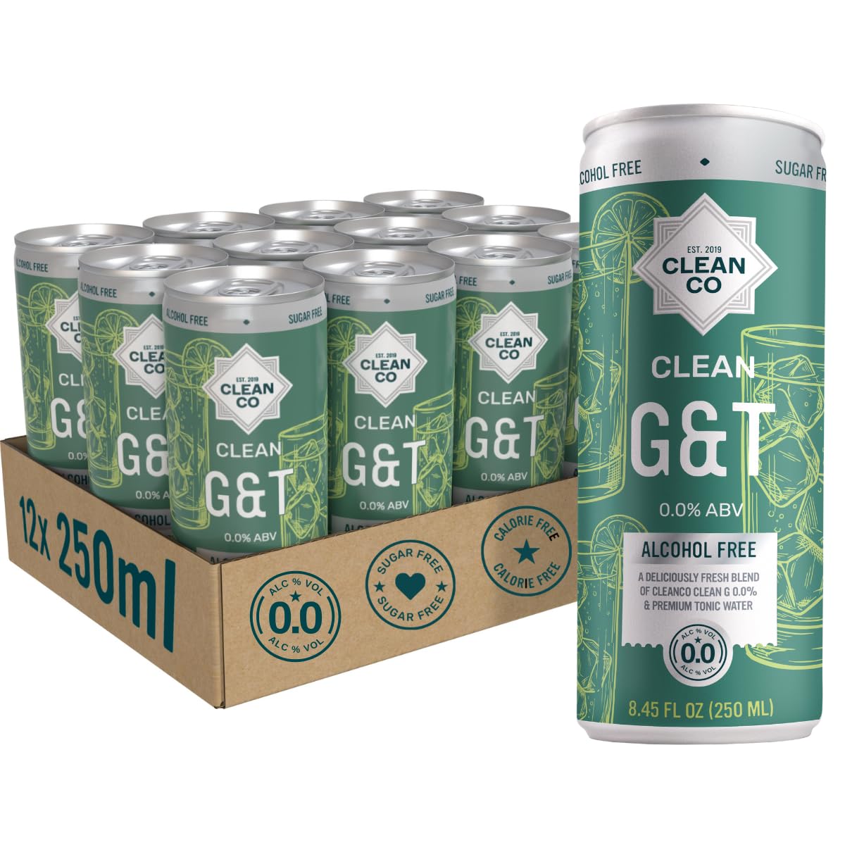 CleanCo 0.0% Gin & Tonic Cans | Non-Alcoholic RTD | Crisp Juniper & Premium Tonic | 12 x 250ml