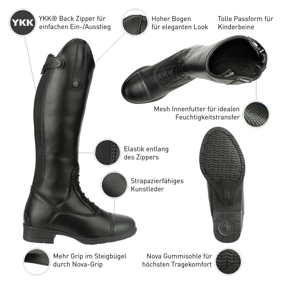 SUEDWIND FOOTWEAR Nova Kids Fun - Botas de equitación para niños, suela cómoda, cremallera YKK, aspecto de piel, hipoalergénicas, transpirables, resistentes al agua, cumplen con el torneo