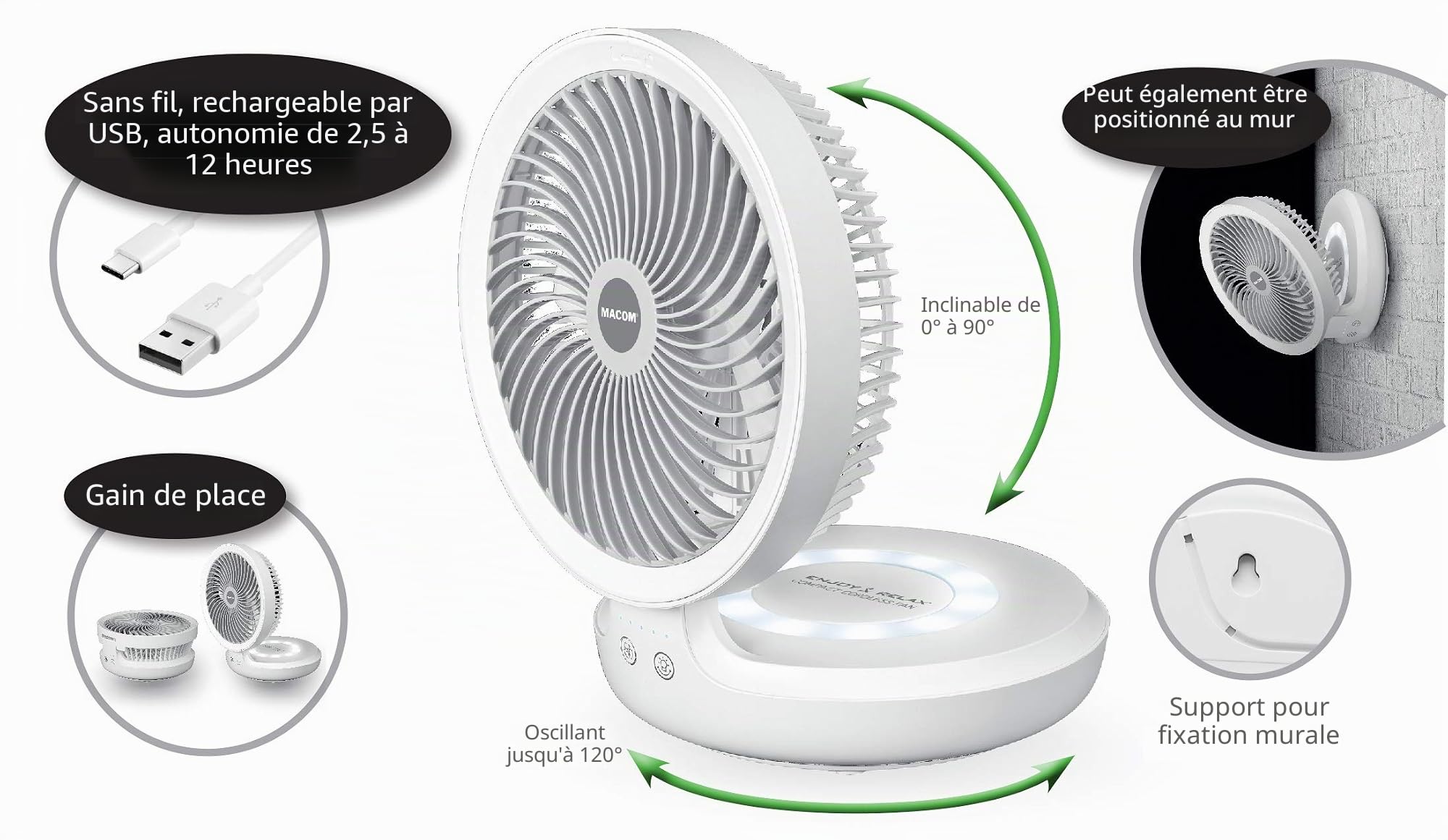Macom Enjoy & Relax 990 Compact Ventilateur de Table sans Fil Rechargeable USB, diamètre 19 cm, Blanc