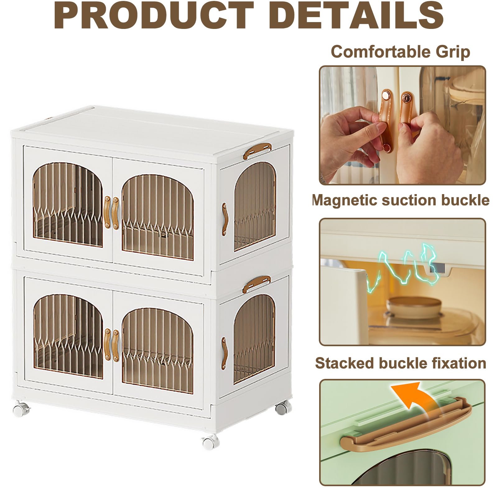 Armario de almacenamiento de plástico de 4 niveles con puertas plegables y ruedas, organizador de contenedores apilable y plegable para cocina, baño y lavadero.