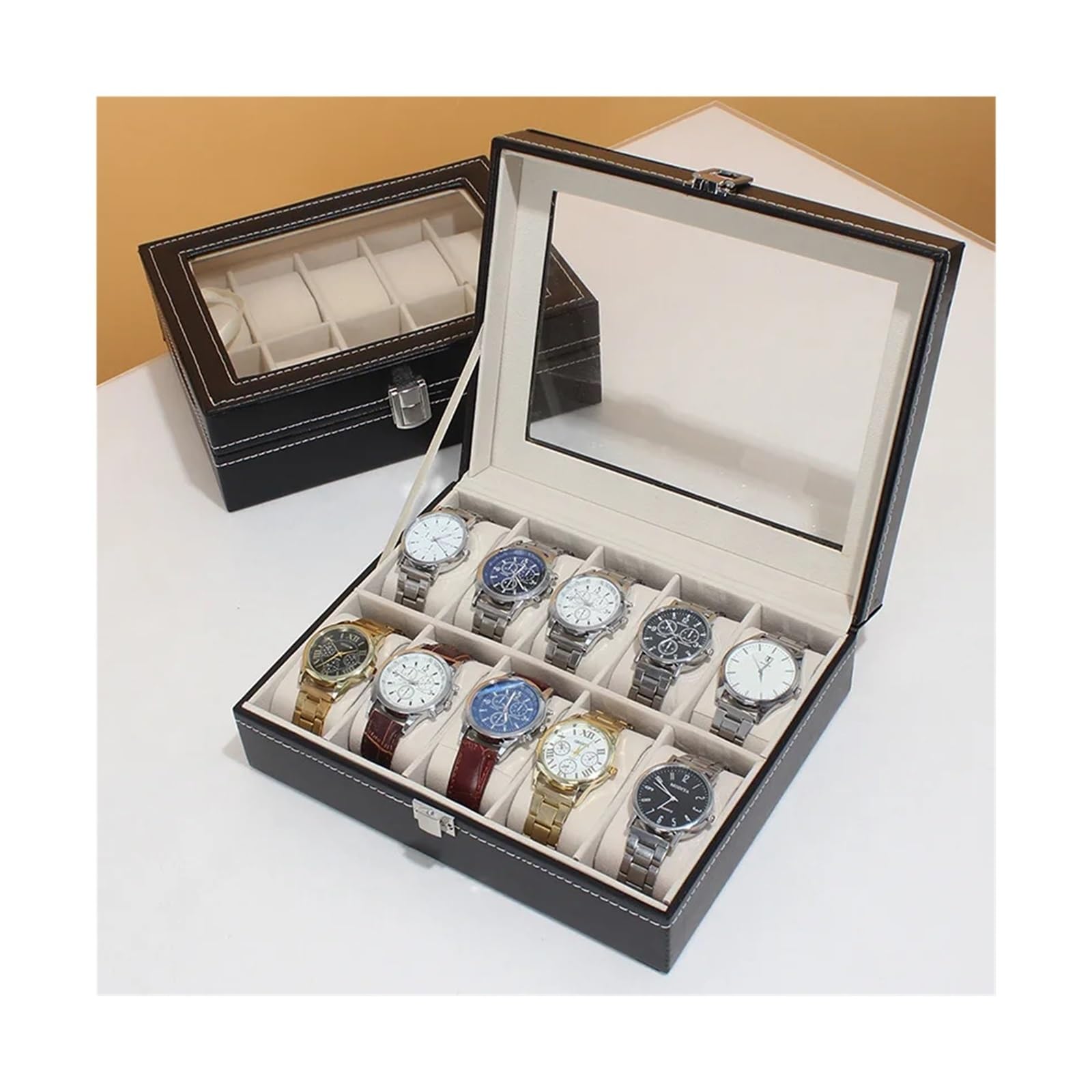 Caja Para Relojes Caja de reloj organizadora de colección de almacenamiento de exhibición de cuero PU for hombres, vitrina de reloj con tapa de vidrio Caja De Reloj Para Hombre Y Mujer(Beige 5 Grids)
